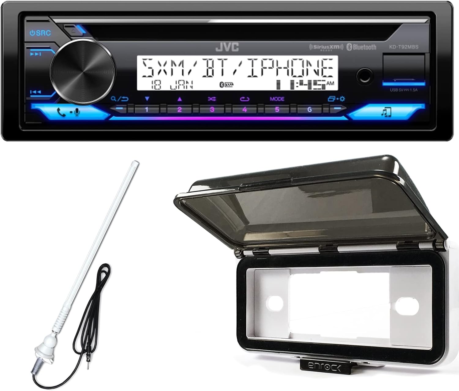 Single DIN Marine Bluetooth USB AUX AM/FM Radio CD Player Stereo Receiver Bundle Combo with Marine Single DIN Radio Dash Protector (White), AM/FM Antenna (White)