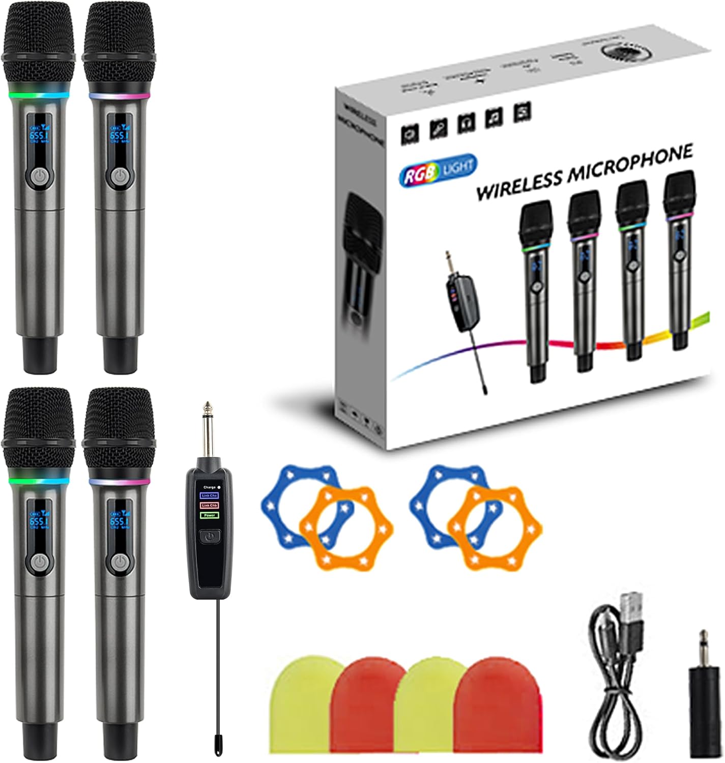 QiCheng&LYS 4 Wireless Microphones with Rechargeable Receiver, 2.4G Cordless Mics with Volume Control, Handheld Dynamic Mic System for Church Singing Karaoke Wedding, 200ft