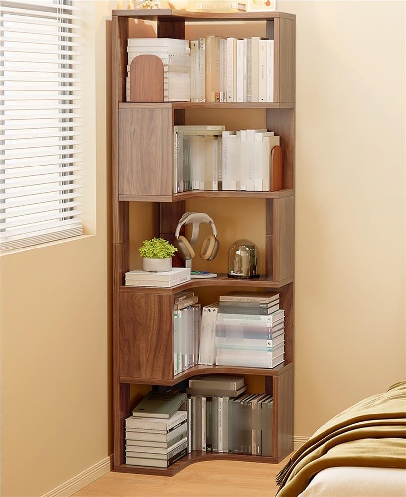 5-Tier Corner Bookshelf Wall Mount, Wood Floating Shelves, Open Shelf Bookcase, Corner Cabinet for Living Room, Bedroom, and Office, Easy to Assemble(Light Brown)