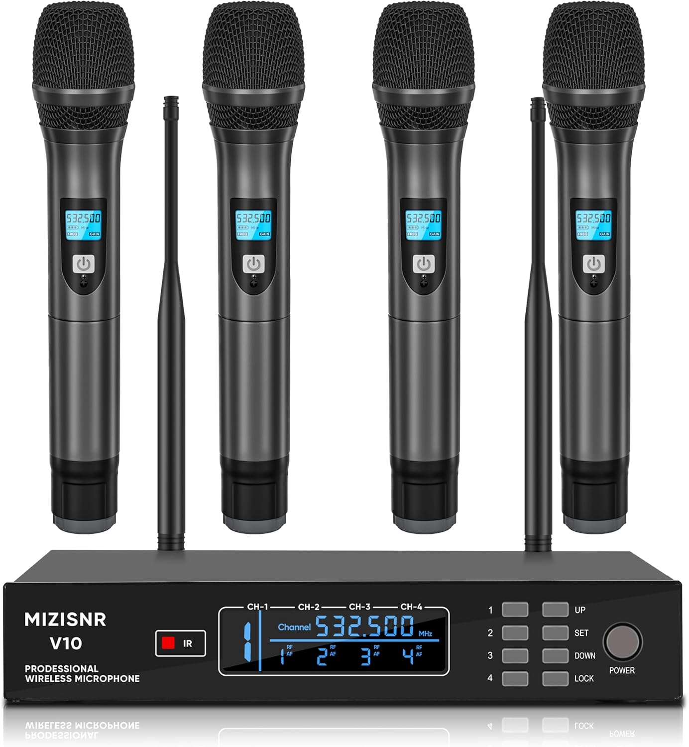 4 Channel Wireless Microphone System, Professional UHF Cordless Handheld Microphones set for Singer, Metal Receiver with Adjustable Frequency Auto Scan 300ft Range for Singing karaoke Speaking