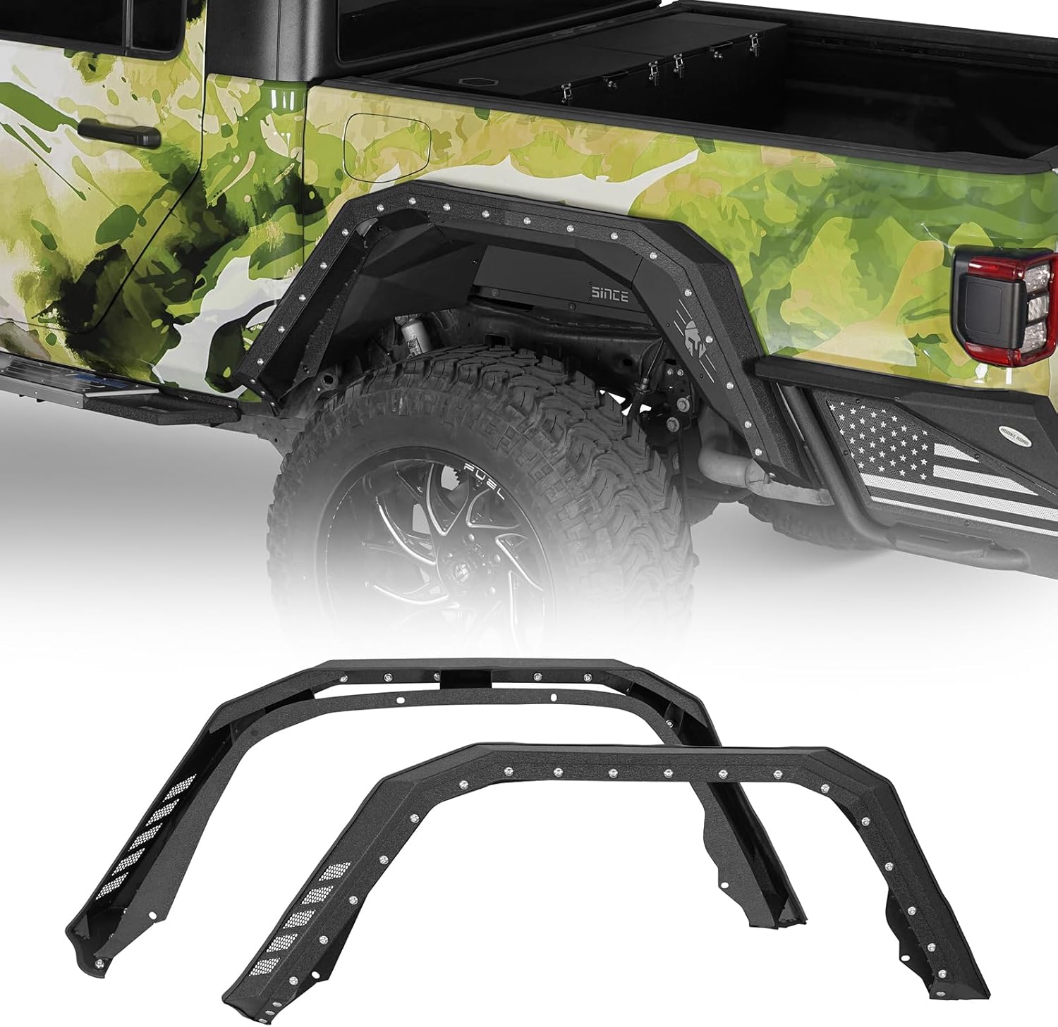 Hooke Road Gladiator Rear Fender Flares Rear Wheel Mud Guard Compatible with 2020-2026 Jeep Gladiator JT, 2PCS Armor Style Steel Fenders