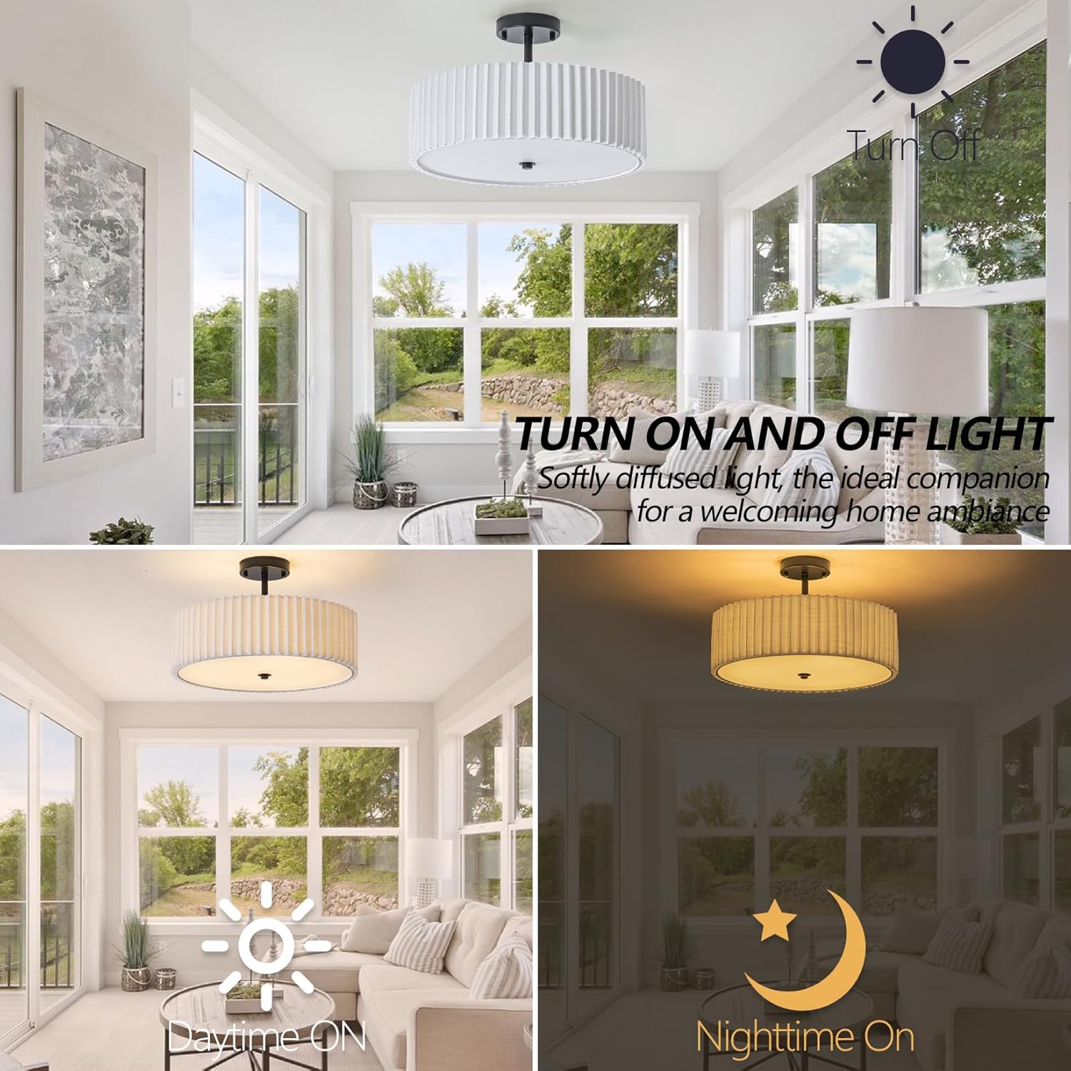 Bargeni 16.5 Inch Semi Flush Mount Ceiling Light,3 Light Modern Black Ceiling Light Fixture with Pleated Fabric Shade,Flush Mount Light Fixture for Bedroom,Living Room,Hallway,Dining Room