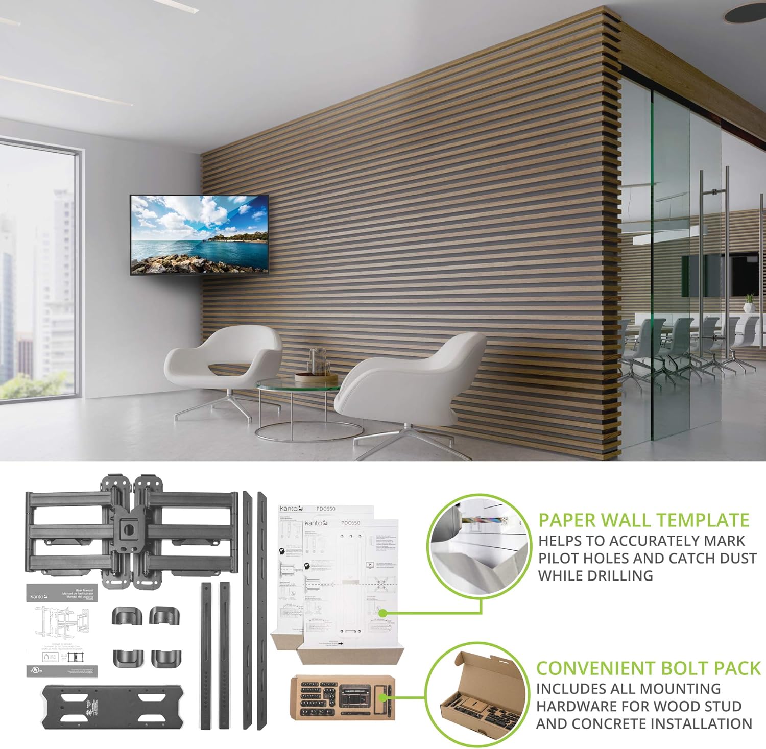 Kanto PDC650 Full Motion Corner TV Mount for 37-inch to 70-inch TVs | Supports up to 125 lbs | Swivel 40° | Tilt +15°/-3° | Black