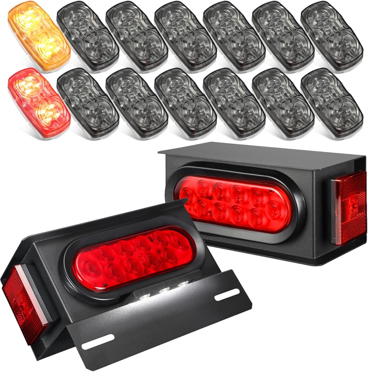 Partsam 14x Red/Amber Double Bullseye LED Light Side Clearance Lights Smoke Lens, LED Steel Trailer Light Box Housing Kit w/Oval Lights 2