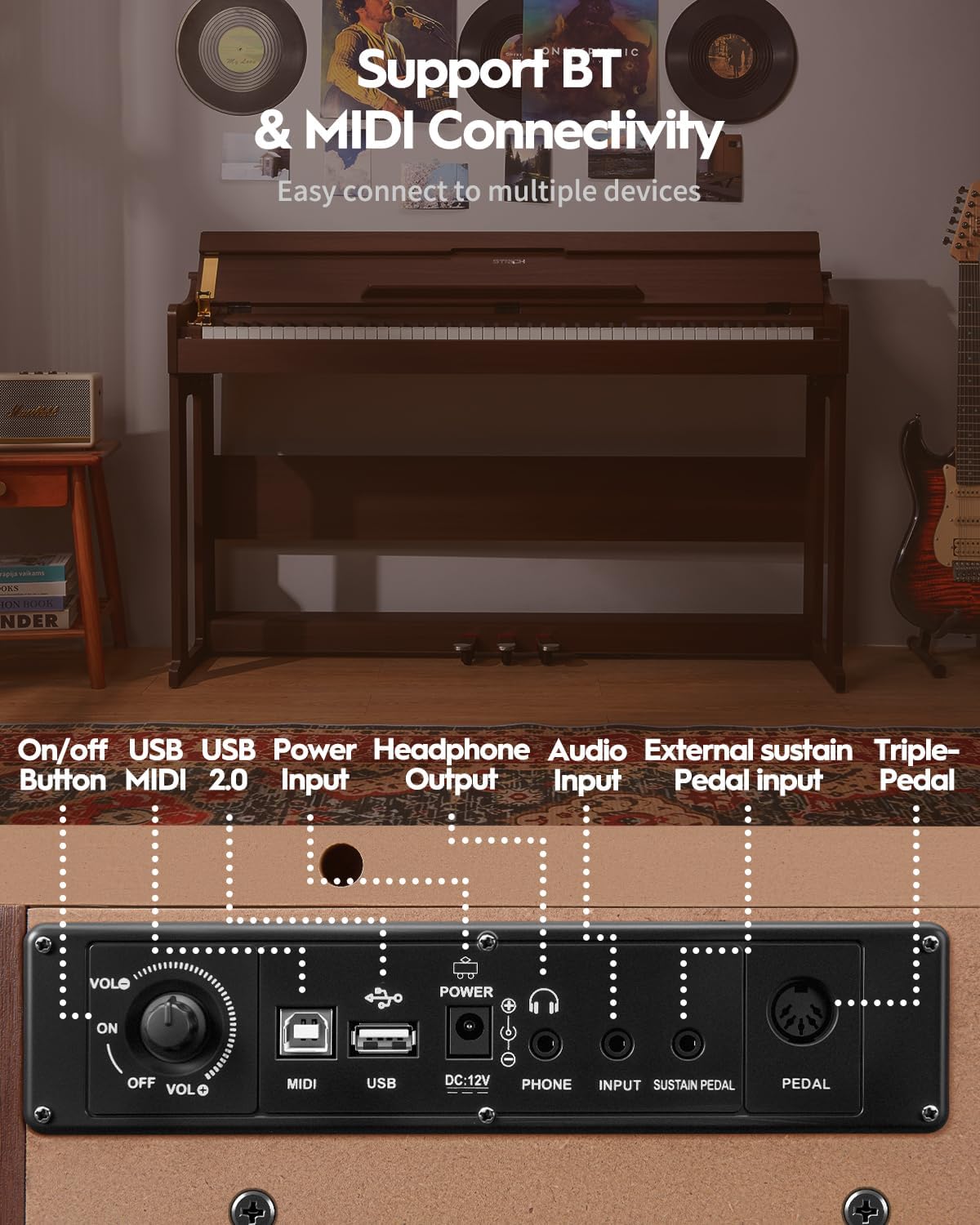 STRICH 88 Keys Digital Piano, Hammer-Action Fully Weighted Keyboard, Cover Designed Electric Piano Keyboard with Furniture Stand, Headphones, Three Pedal, Brown, SDP-400