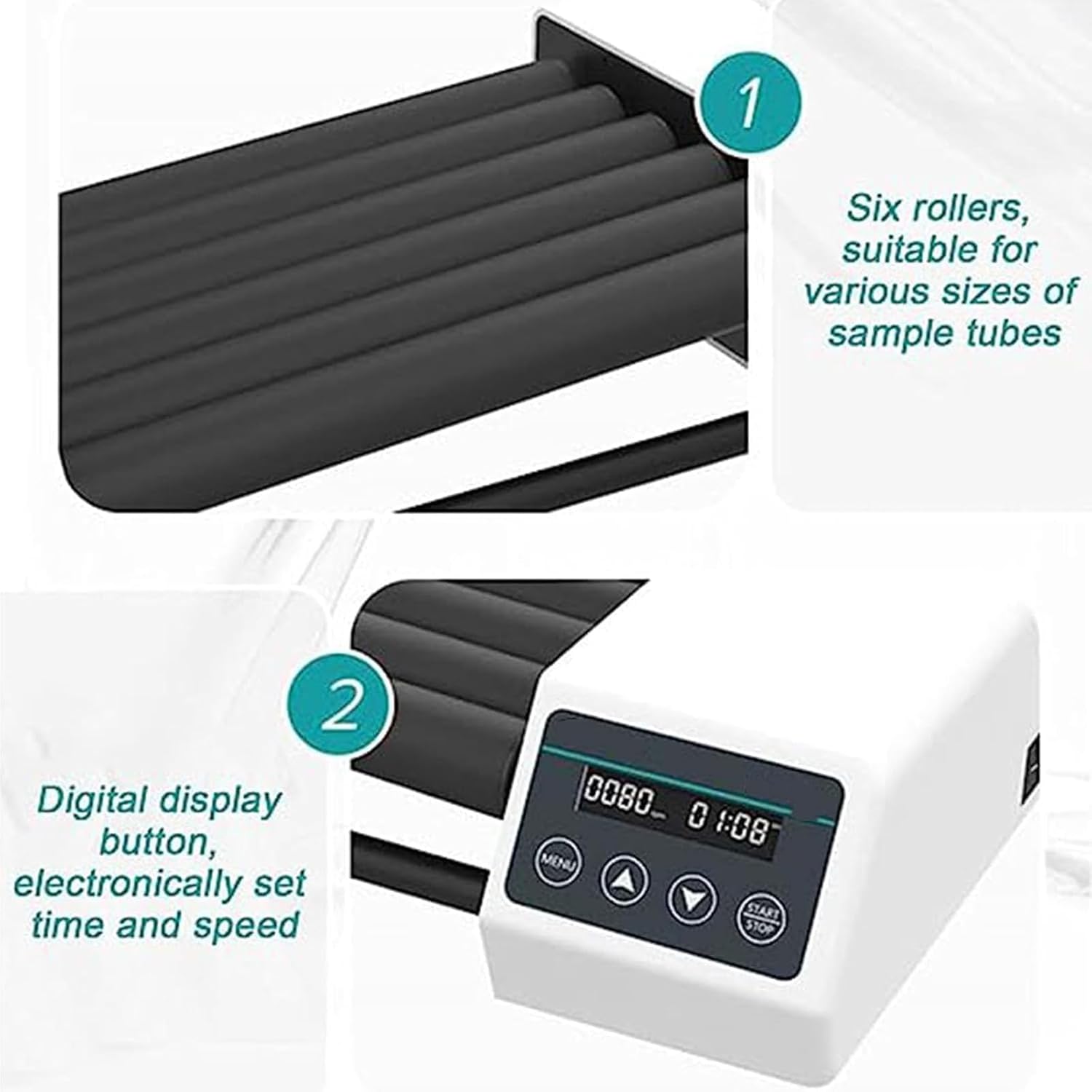 Lab Roller Mixing Machine, Lab Orbital Shaker Mixer(20-80rpm), Drum: 6/8 Rollers(Length:28CM), with Continuous/Timer Mode, High/Low Axis, for 6-34 MM Centrifuge Tubes,8pro