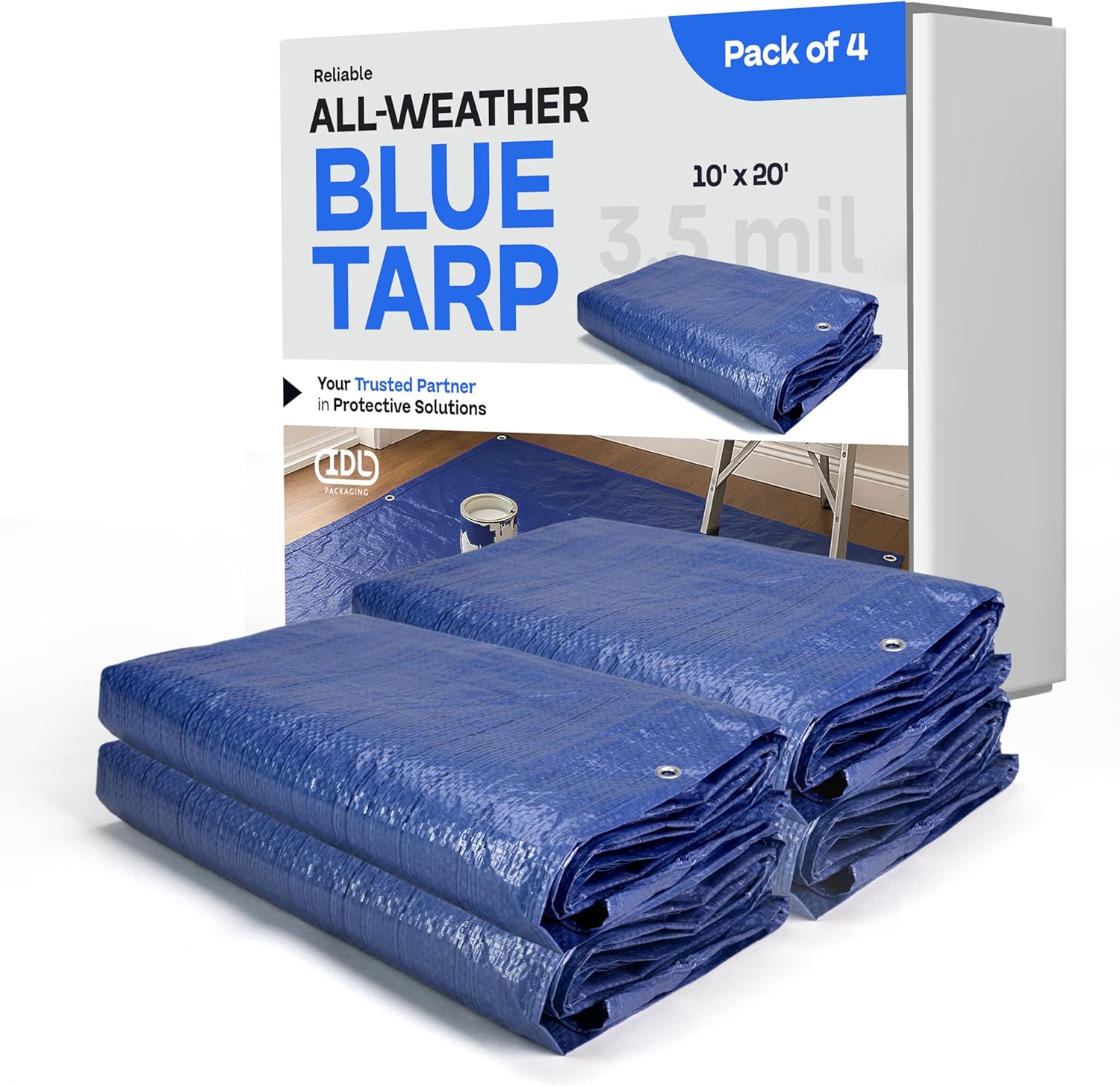 Blue Tarps Waterproof 10'x20', Pack of 4 - USA-Made 3.5 mil Thick Camping Tarp for Car, Boat, Storage Cover - Heavy-Duty Poly Tarpaulin with Grommets for Indoor and Outdoor Protection by IDL Packaging