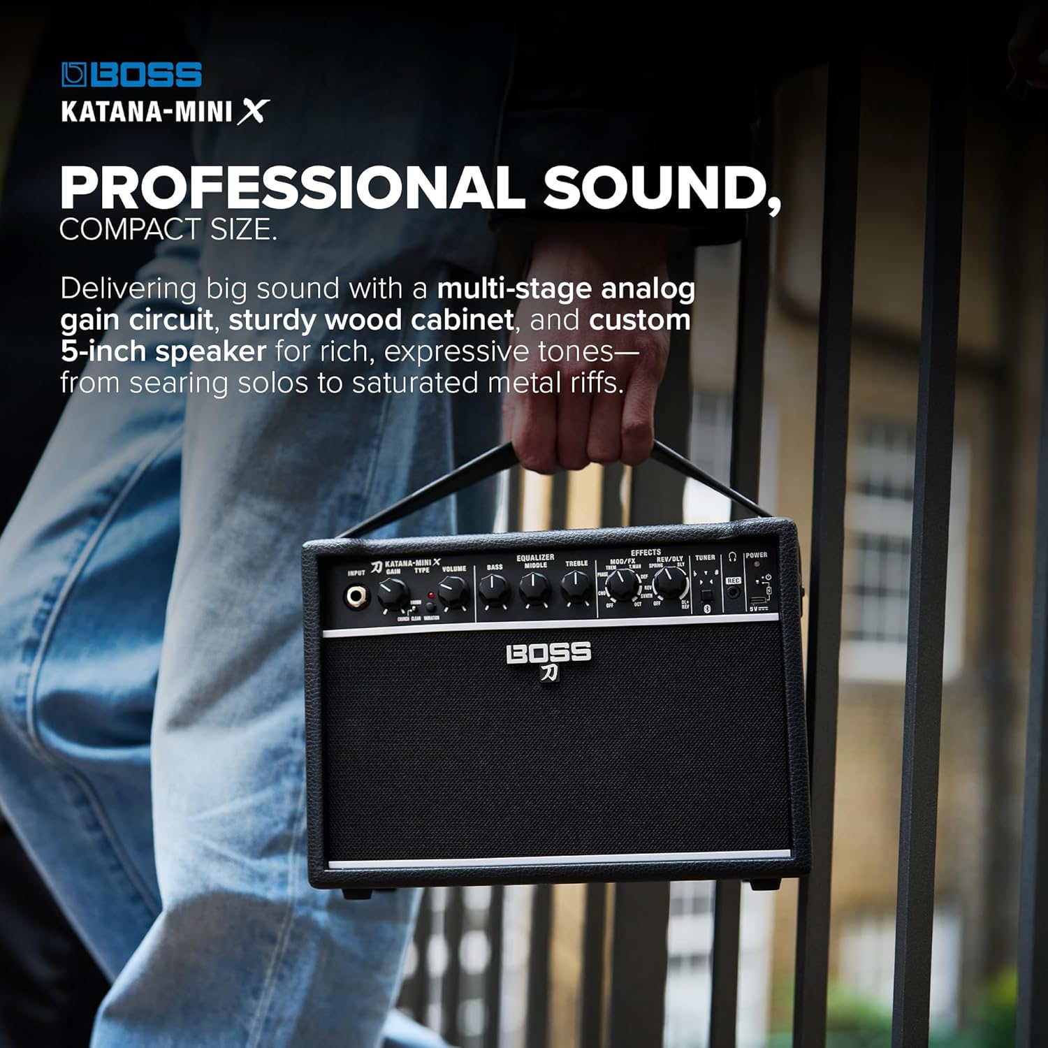 BOSS Katana-Mini X | Powerful 10-Watt Mini Amplifier for Electric, Acoustic & Bass | Tube Logic Design | Custom 5” Speaker | Versatile Sounds & Dual Effects | Bluetooth | Built-in Rechargeable Battery