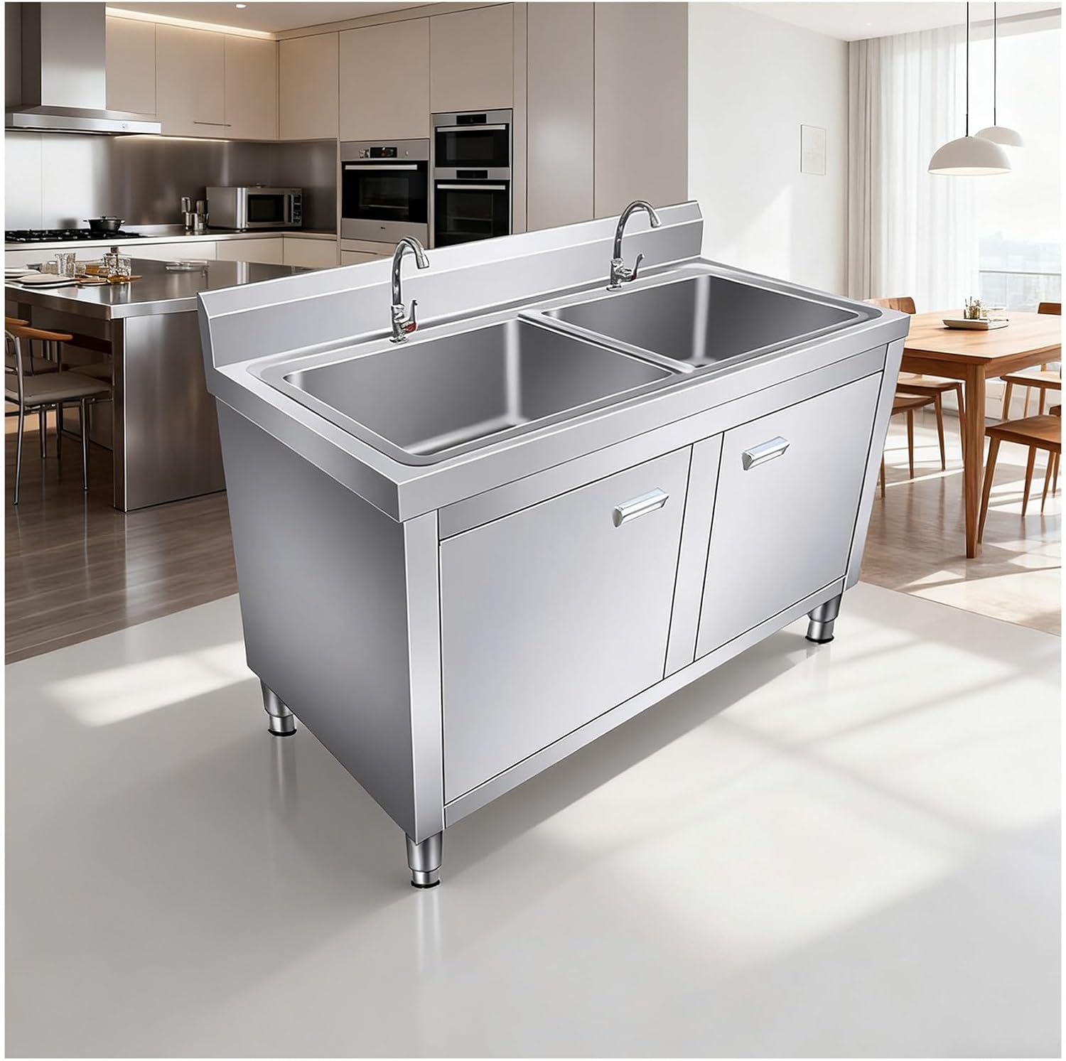 Adjustable-Leg Stainless Steel Sink Freestanding Commercial Double-Bowl Sink Cabinet Multi-Functional Storage Cabinet with Rounded Corners Designed for Construction Site Kitchens