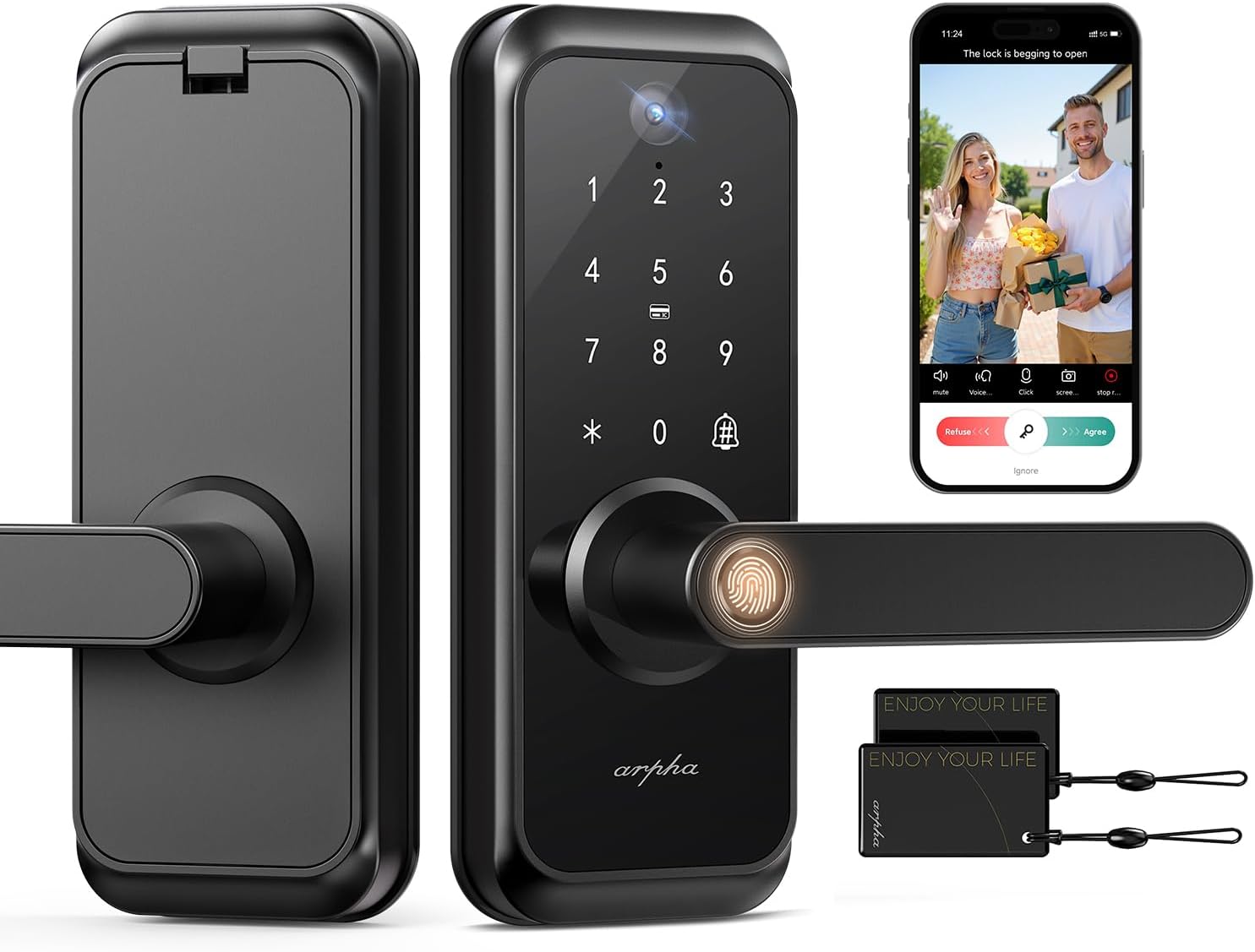 WiFi Video Smart Lock with Camera & Handle - 6-in-1 Keyless Entry (Fingerprint/App/Keypad/FOB/Key), Electric Deadbolt Door Knob for Front, Built-in WiFi, 2-Way Audio, Auto-Lock, Waterproof - Black