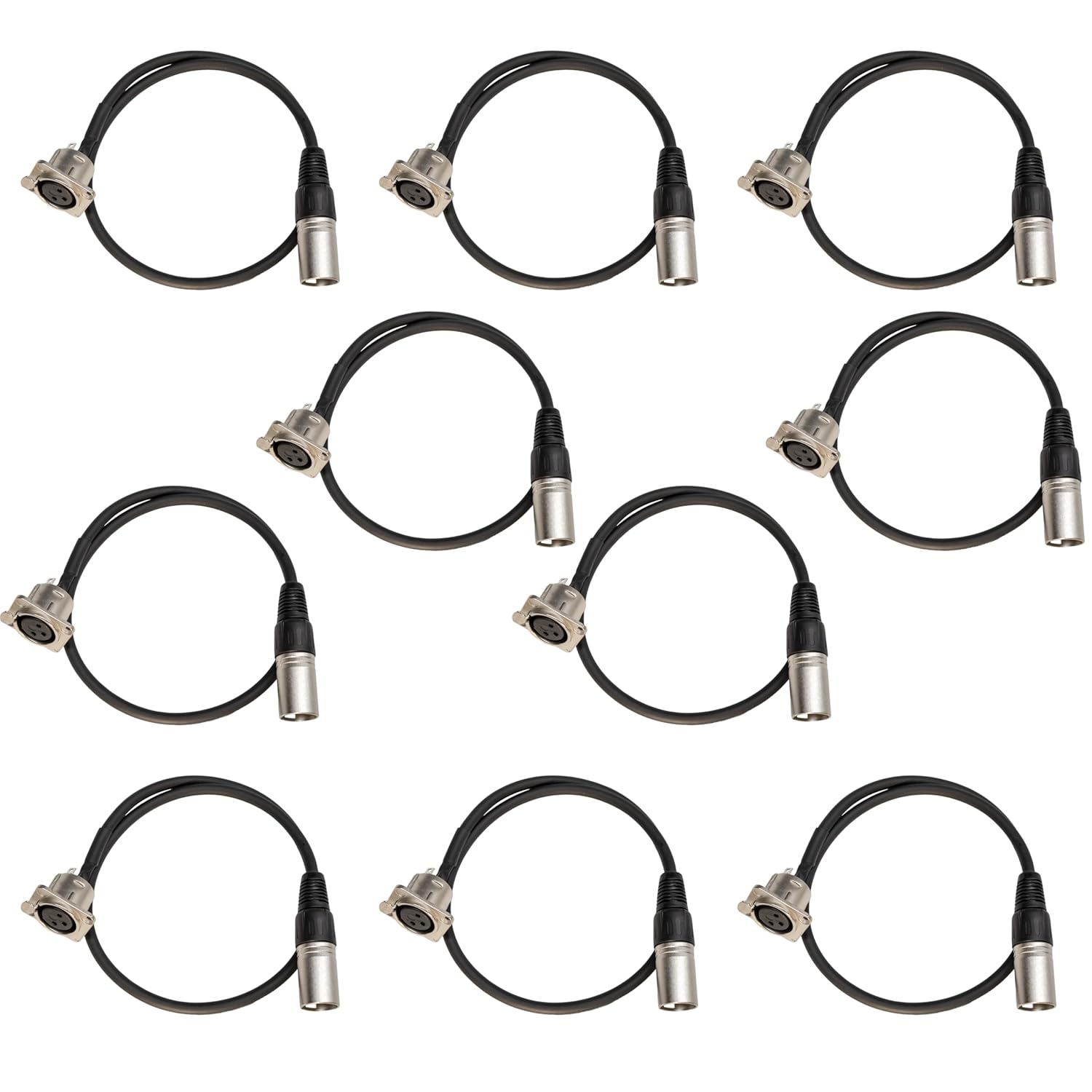 2ft XLR Panel Mount Pass Through Pigtail – 10 Pack | Balanced Shielded Cable, No-Solder D-Series Replacement Connectors for Stage Floor Boxes & Patch Bays (Black) (XLR Female (in Panel))