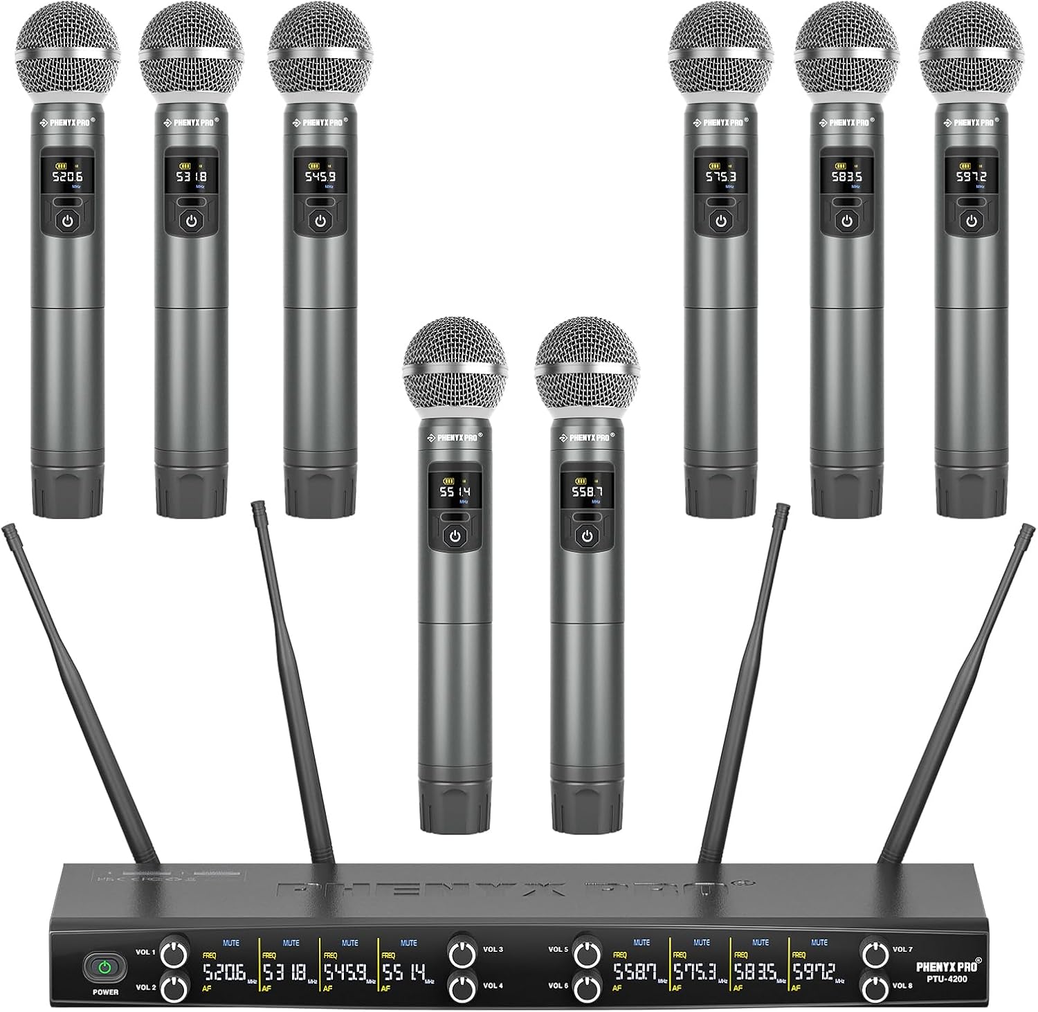 Phenyx Pro Wireless Microphone System, 8-Channel Metal Wireless Mic Set w/ 8 Cordless Mics, 8x20 UHF Frequencies, 200ft Range, Dynamic Microphones for Singing, Karaoke, Church, DJ (PTU-4200-8H)