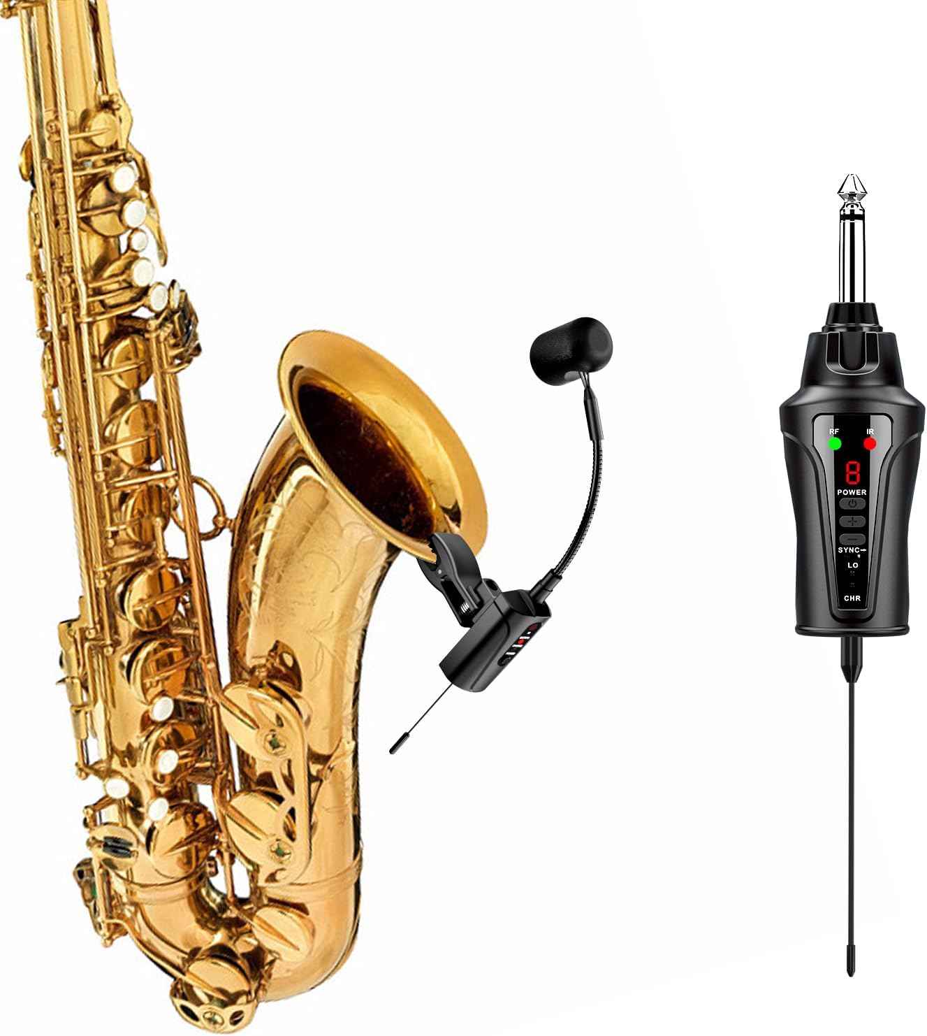 UHF Wireless Saxophone Microphone System Wireless Transmitter and Receiver Clip-on Instrument Microphones & Systems Mic for Trumpet, Sax, Musician, Active PA Systems, ST-5