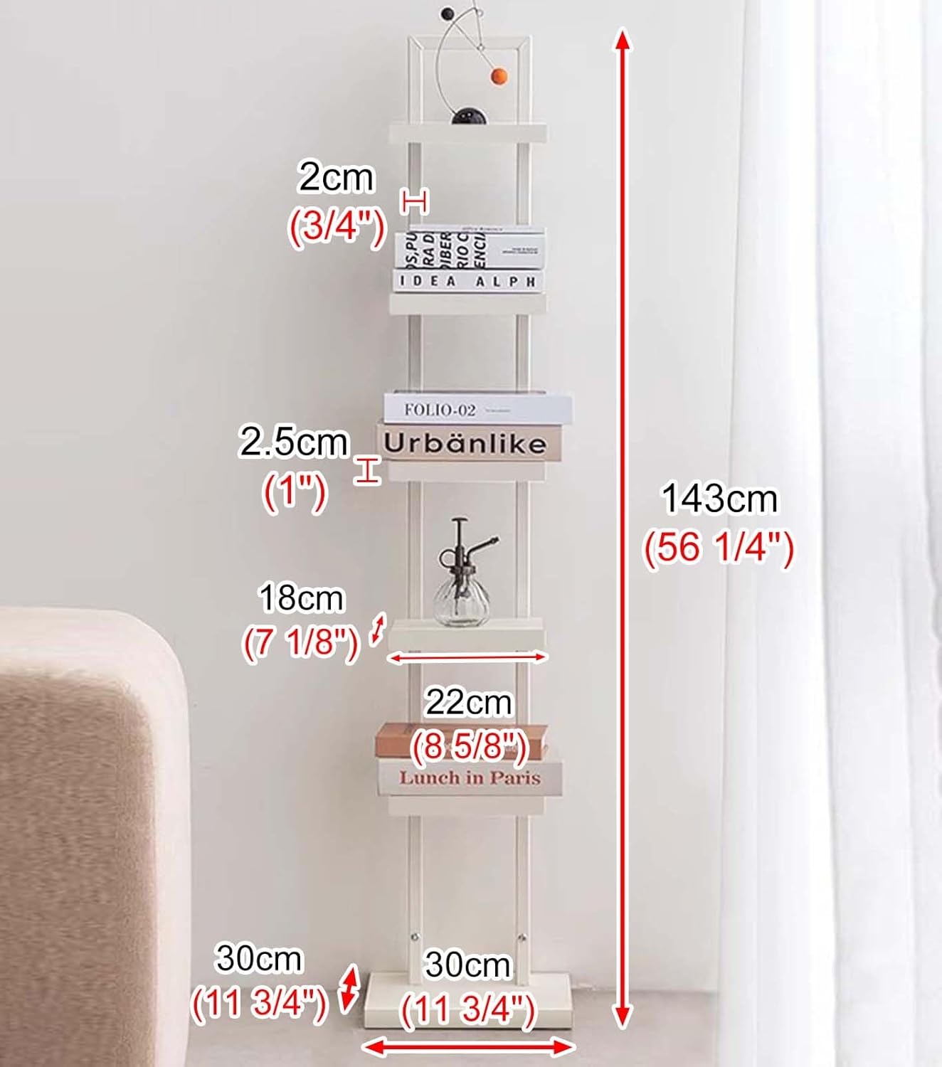 Vertical Bookshelf Tower Modern Shelf, White Metal Frame & Wood Board Bookcase, Corner Book Organizers for Small Space, 6 Layer Spine Book Tower