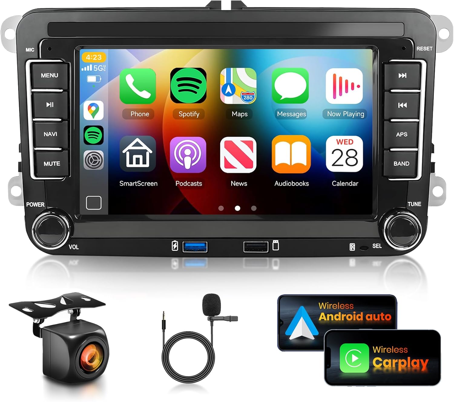 2G+64G Android Car Stereo with Wireless CarPlay Android Auto for VW Passat Jetta Golf TOURAN SEAT, Podofo 7inch HD Touchscreen Bluetooth Radio with Two USB GPS WiFi HiFi Audio SWC AHD Backup Camera