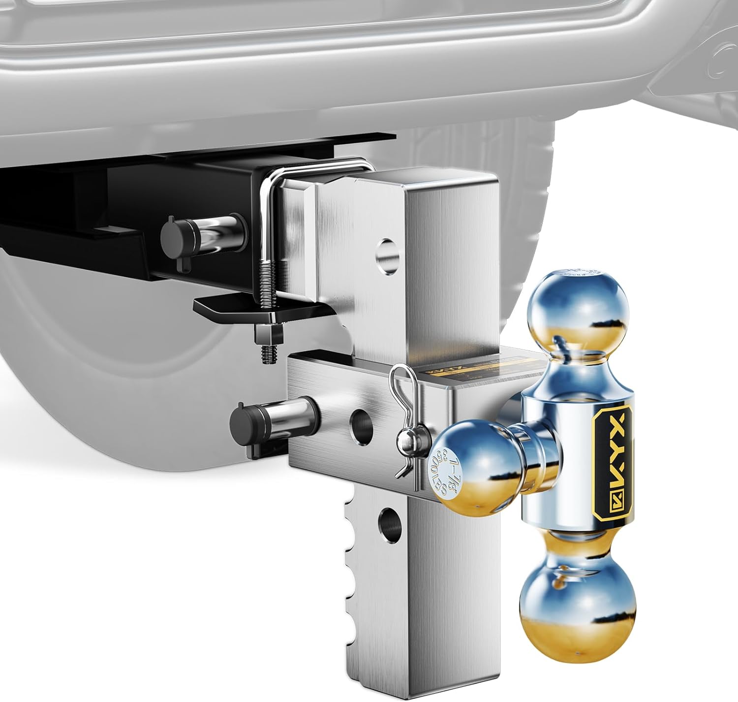 Adjustable Trailer Hitch fits 2 inch Receiver, 8'' Drop Hitch, Tri Ball Hitch（1-7/8 & 2 & 2-5/16）12500 LBS GTW, with Double Anti-Theft Pins Locks, Aluminum Ball hitches for Trucks, RVs and Trailers