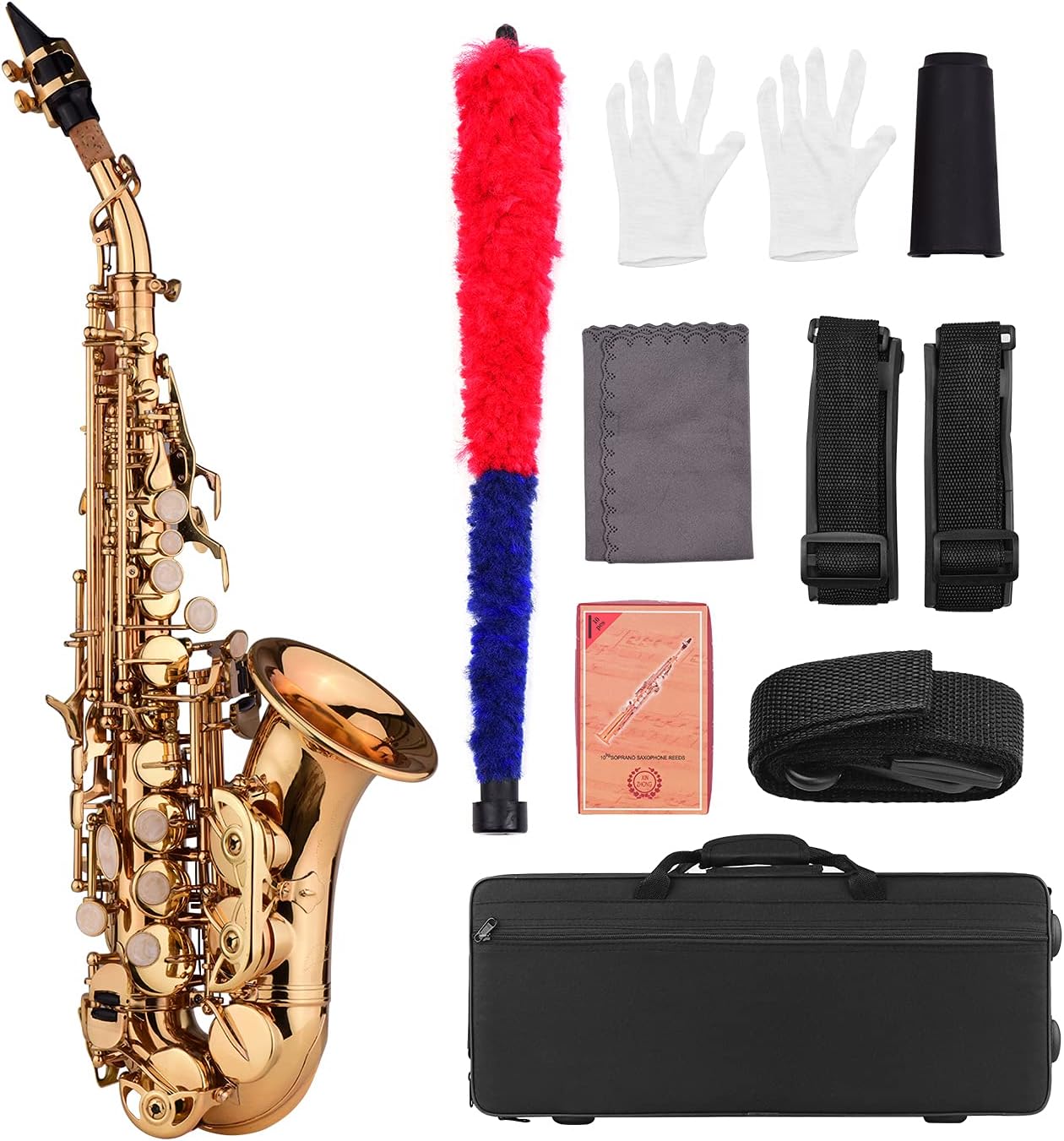 Saxophone, Soprano Saxophone,Mini Bb Soprano Saxophone Sax Brass Material Gold Laquer Surface Woodwind Instrument with Carry Case Gloves Cleaning Cloth Brush Reeds Sax Strap