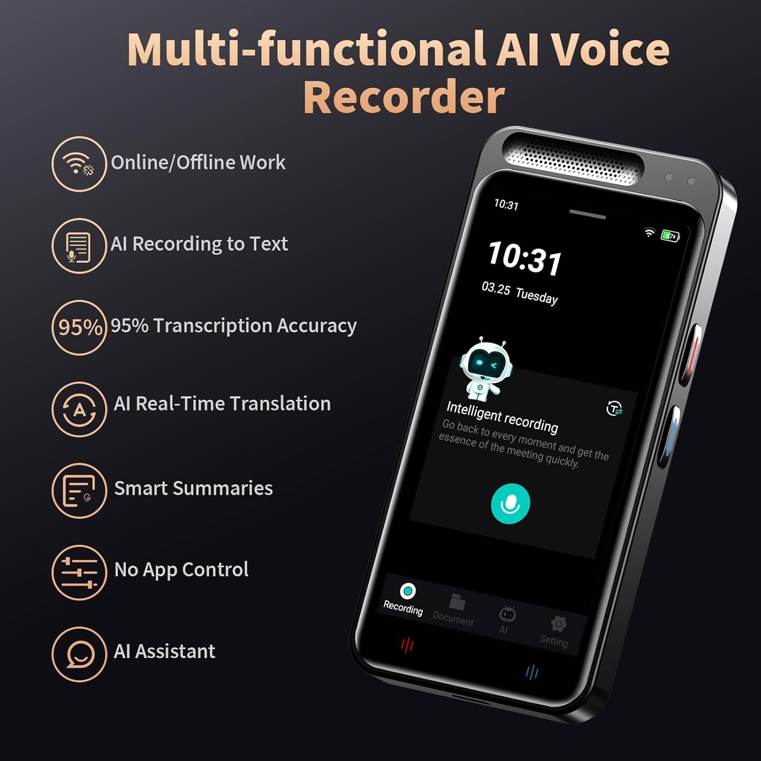 AI Voice Recorder, Digital Voice Recorder with Transcription & Summarize & Translation, 80GB Voice to Text Meeting Recorder and Transcriber, Support 134 Languages, AI Recorder Device for Lectures