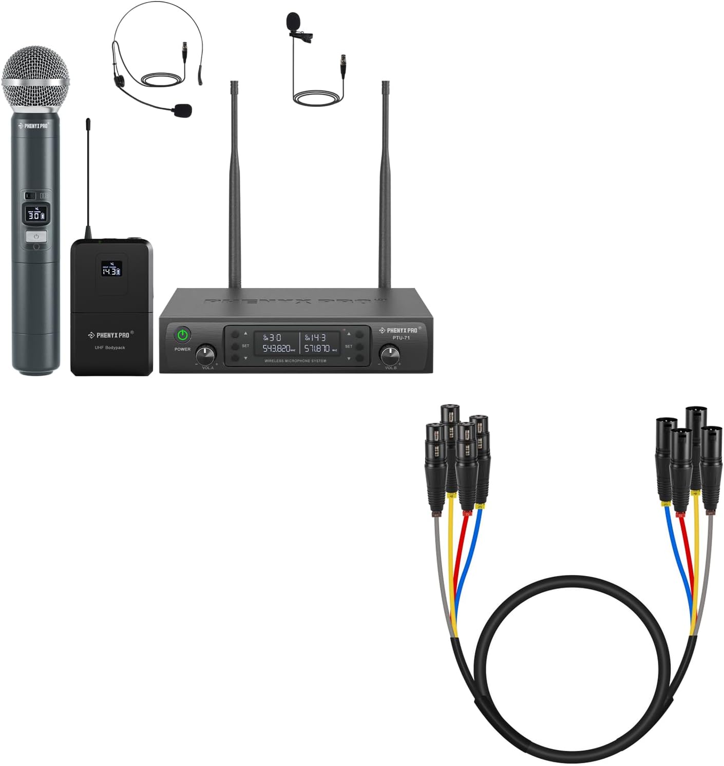 Phenyx Pro Wireless Microphone System,2x100 Adjustable UHF Channels(PTU-71-1H1B) Bundle with 3Ft XLR Snake Cable