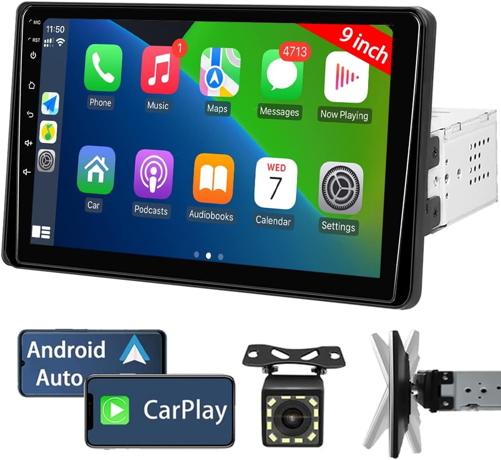 Naifay 9 Inch Car Stereo Single Din Radio with Apple Carplay & Android Auto, Single Din Touchscreen Car Stereo with Bluetooth Car Audio Receivers,Backup Camera,Mirror Link,FM/USB/TF/AUX/Subwoofer