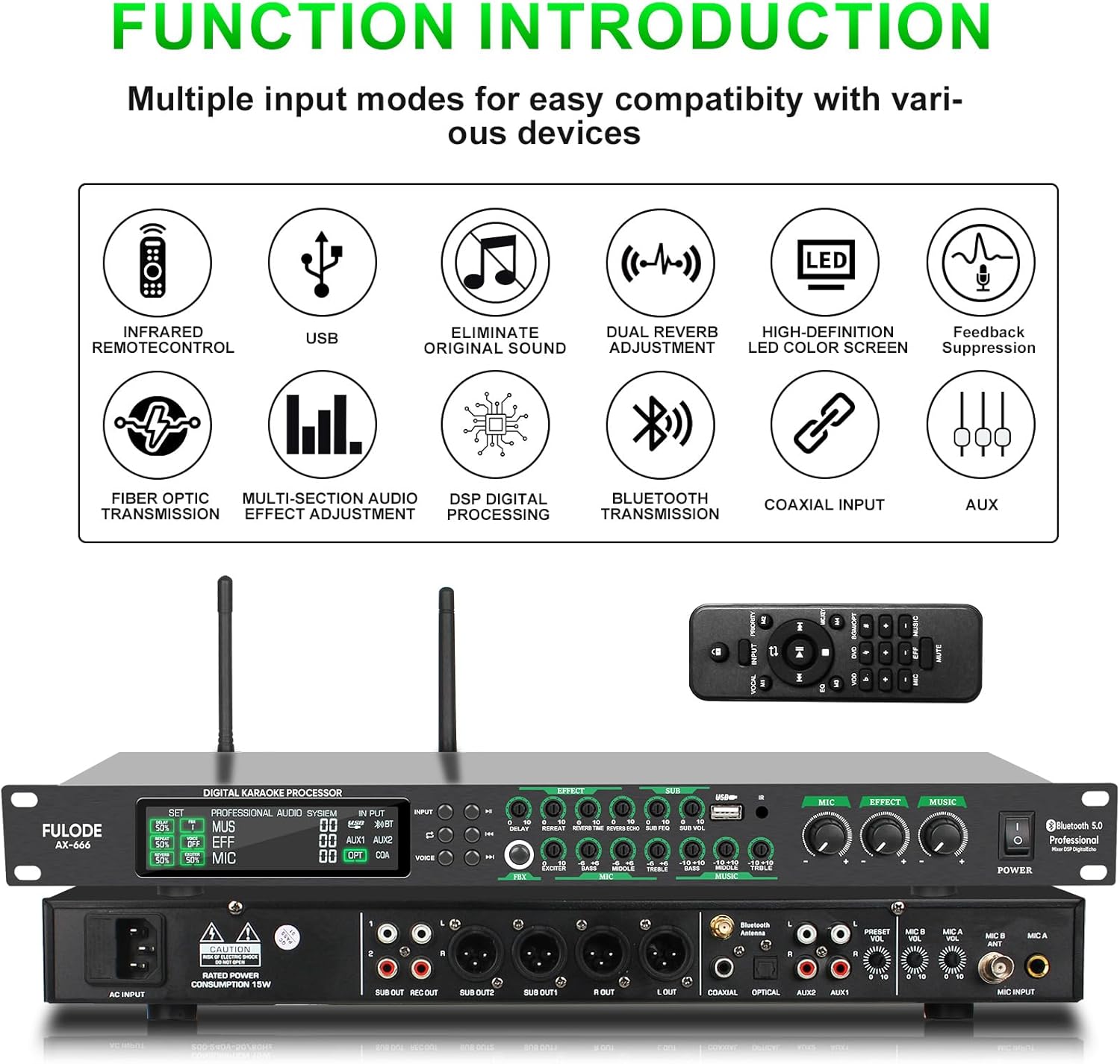AX-666 Professional Karaoke Processor KTV Mixer with Dual Wireless Microphones, Digital Pre-Stage Effector Audio Vocal Effects Processor System with DSP Anti-Howling USB MP3 Bluetooth Optical