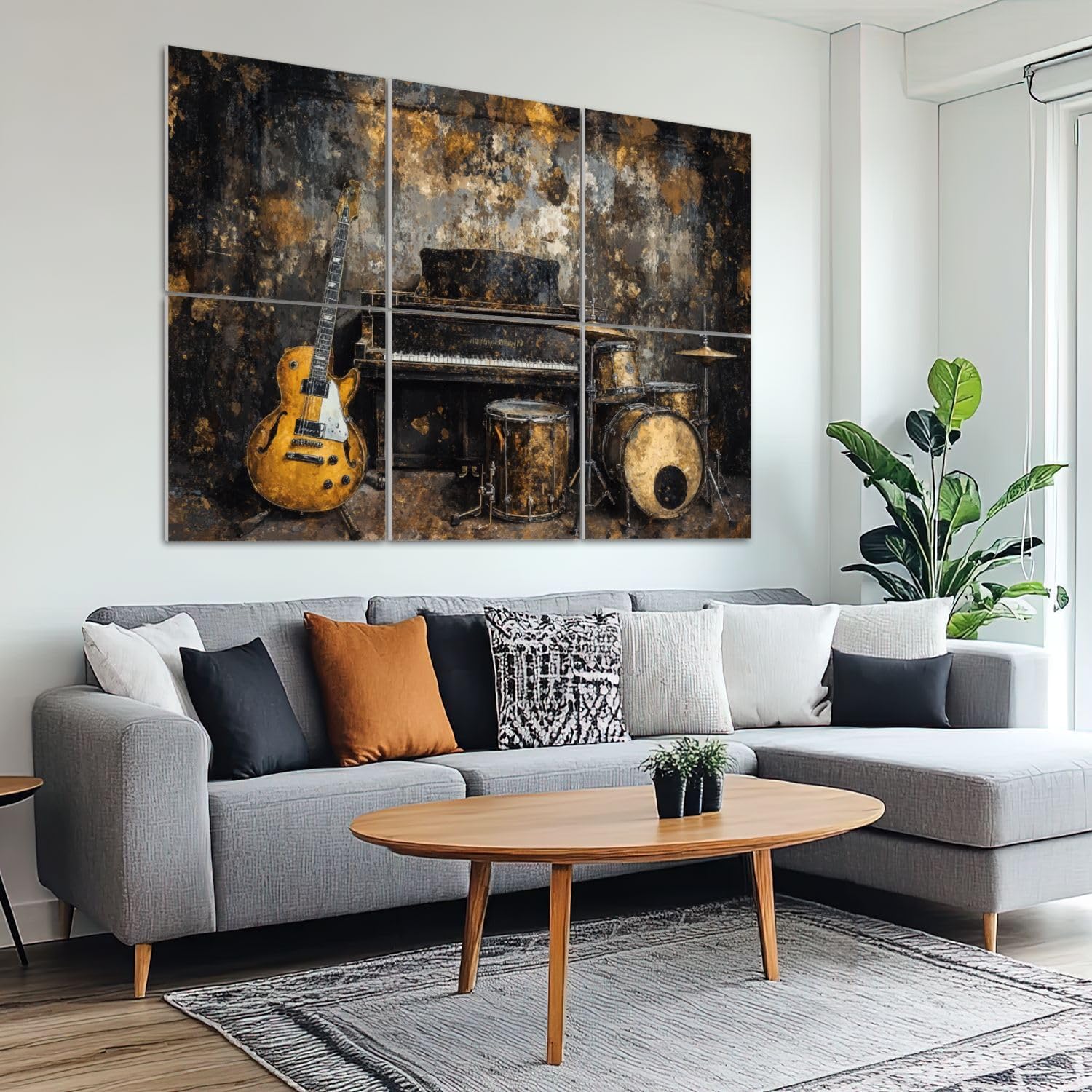 6 Pack Art Acoustic Panels Sound Absorbing Music Black Gold Guitar Piano Drum Set Studio Electric Upright Drums Decorative Soundproof Wall Panels Self Adhesive for Recording Studios Office 72