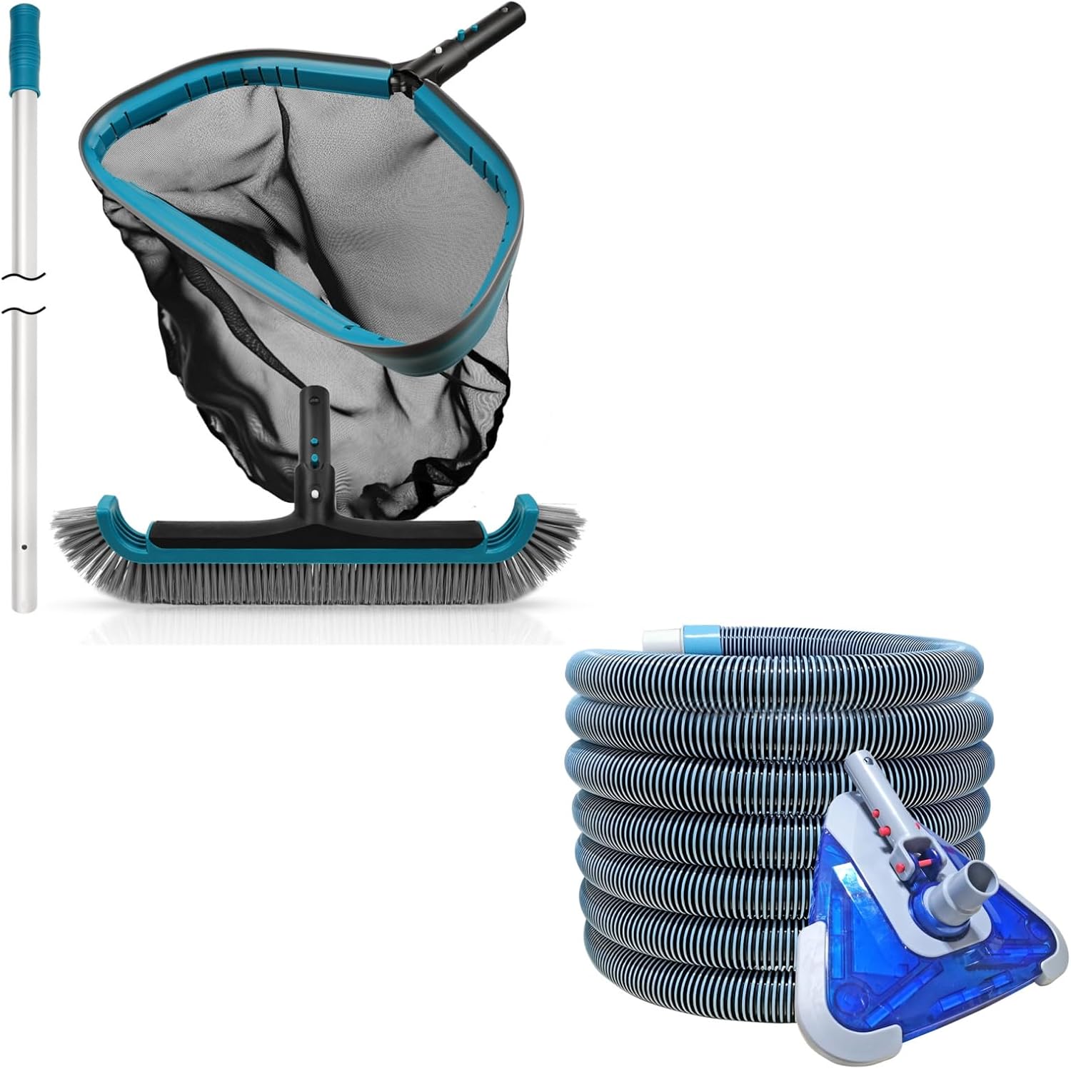 POOLWHALE 5 Pcs Pool Cleaning Kit - 10Ft Pool Pole, Pool Vacuum Head with Hose, Pool Brush and Pool Net