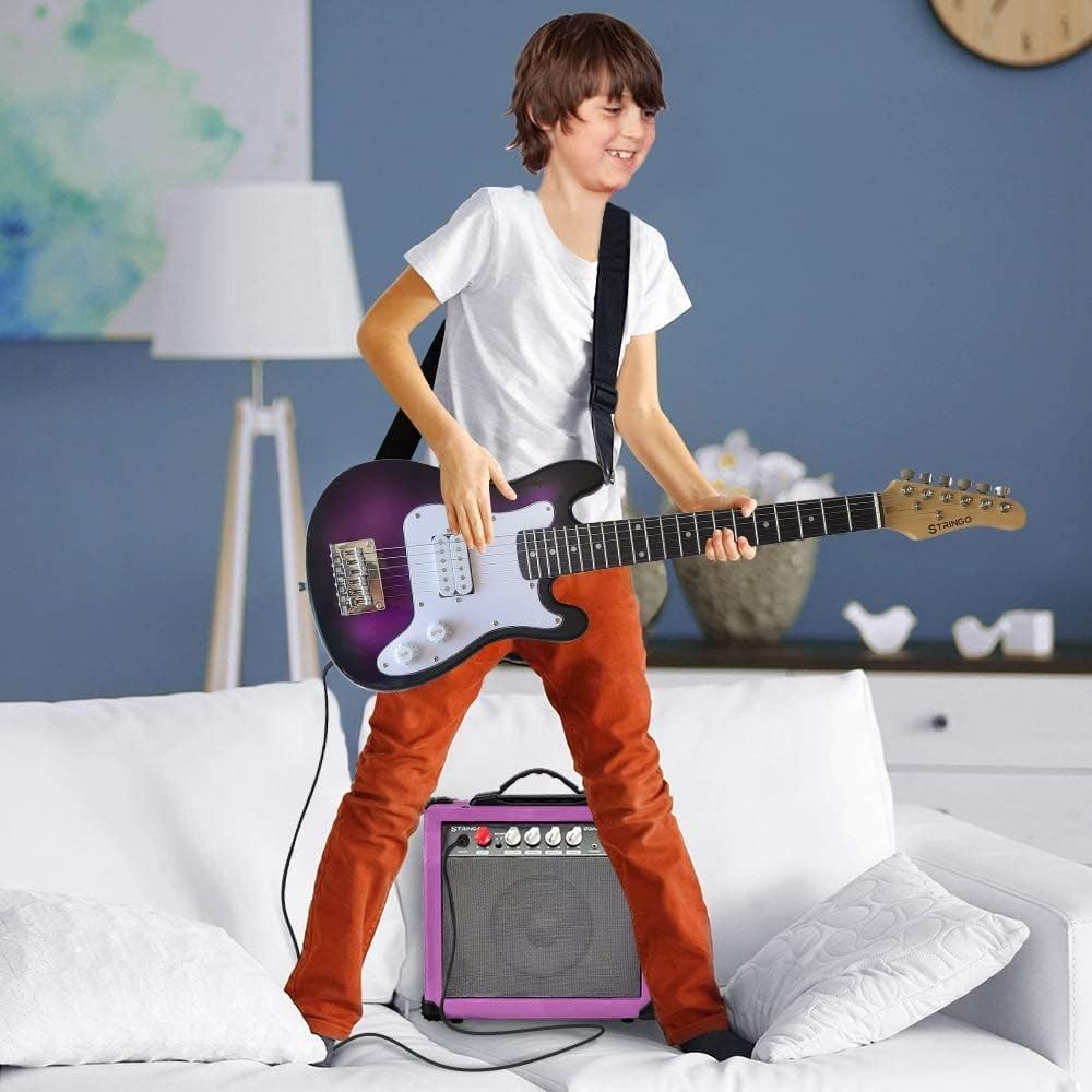 Purple 30 Inch Kids Electric Guitar Beginner Kit, Set Includes 20W Amplifier 3 Picks, Shoulder Strap, Tuner, Bag Case