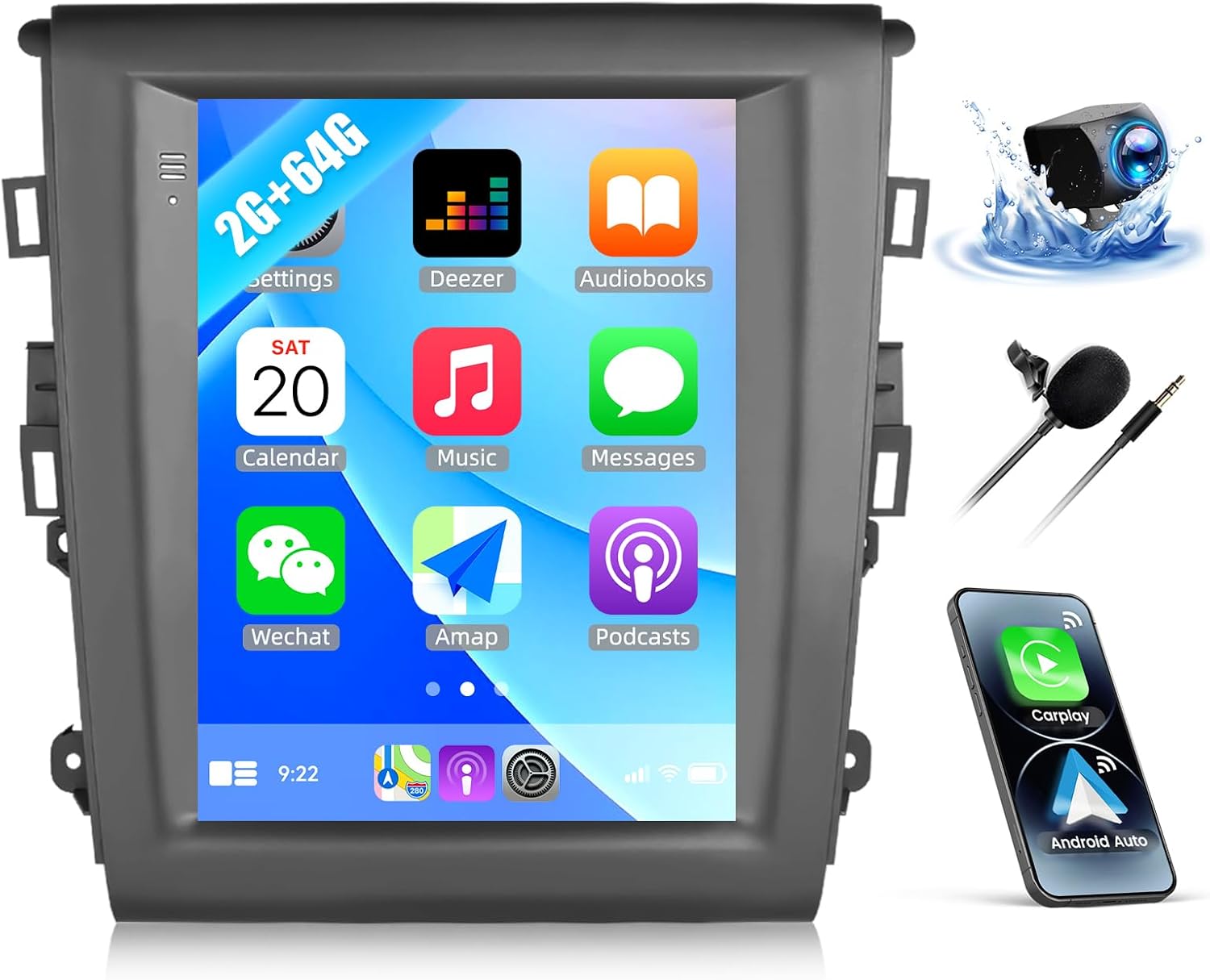 SIXWIN 2G+64G Android Car Stereo for Ford Mondeo 2013-2018 9.7 Inch Touch Screen Car Radio with Wireless Apple Carplay Android Auto GPS Navigation Bluetooth FM WiFi HiFi Backup Camera MIC