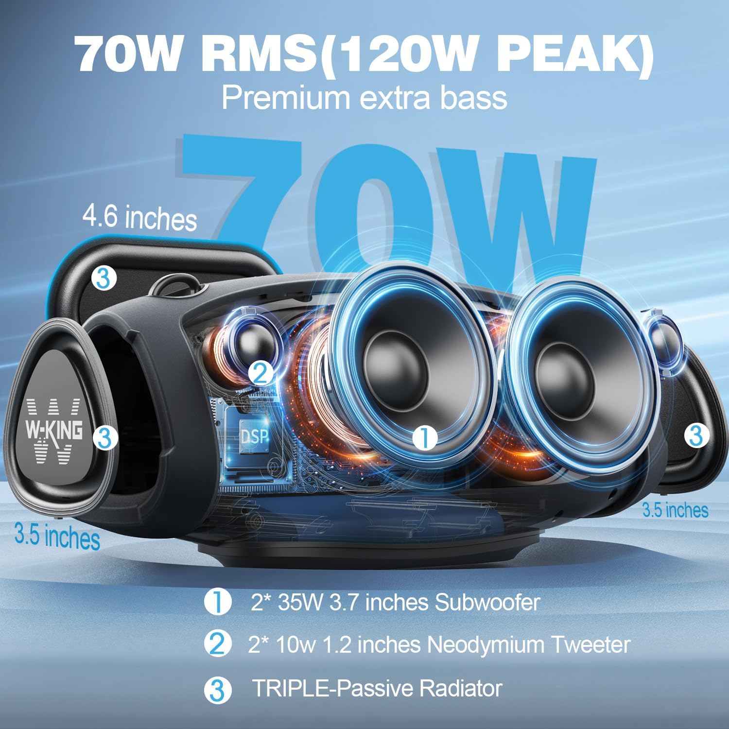 W-KING Portable Loud Bluetooth Speakers with Wireless Microphone, (120W Peak) 70W Outdoor Speaker Bluetooth Wireless Waterproof, Triple Passive Radiators-Deep Bass/Hi-fi/DSP/TF/AUX/EQ/Opener