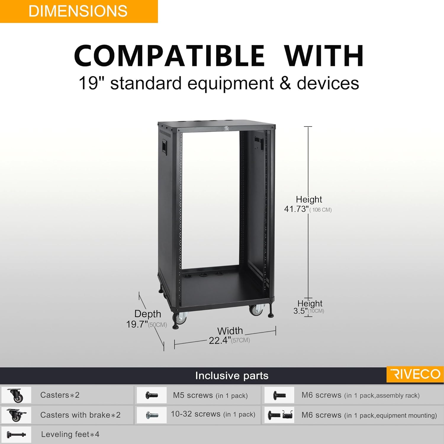 RIVECO 22U Stereo & Studio Rack with Caster Wheels, Rolling Network Cabinet, Open Frame Audio Rack for 19 inches Video Music Recording & IT Equipment, Obtuse Angel & 10-32 Screws 100 PCS
