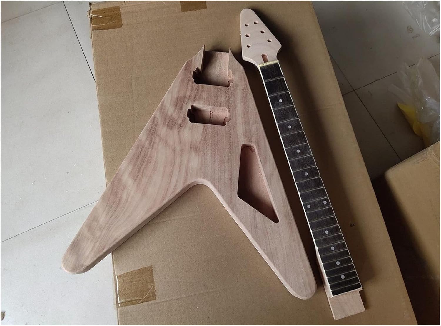 Unfinished Guitar Body 1set Electric Guitar Kit 22 Guitar Neck Guitar Body Mahogany V Shape Guitar DIY Accessory