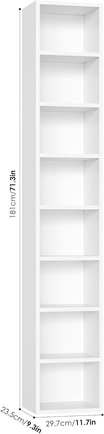 FOTOSOK 8-Tier Media Tower Rack, 11.6 X 9.3 X 70.9 Inches CD DVD Slim Storage Cabinet with Adjustable Shelves, Tall Narrow Bookcase Display Bookshelf for Home Office, White