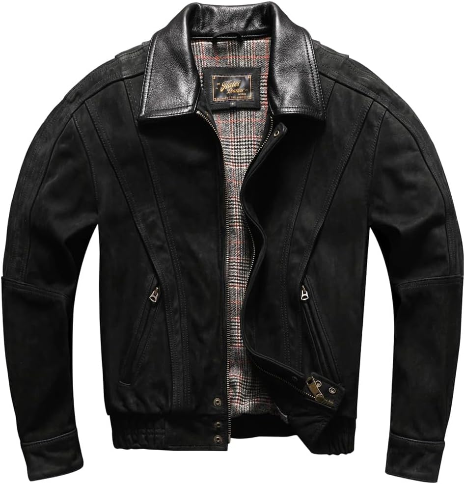 Men Retro Vintage Style Plus Size Genuine Natural Cow Suede Turn-Down Collar Loose Leather Jacket Coat