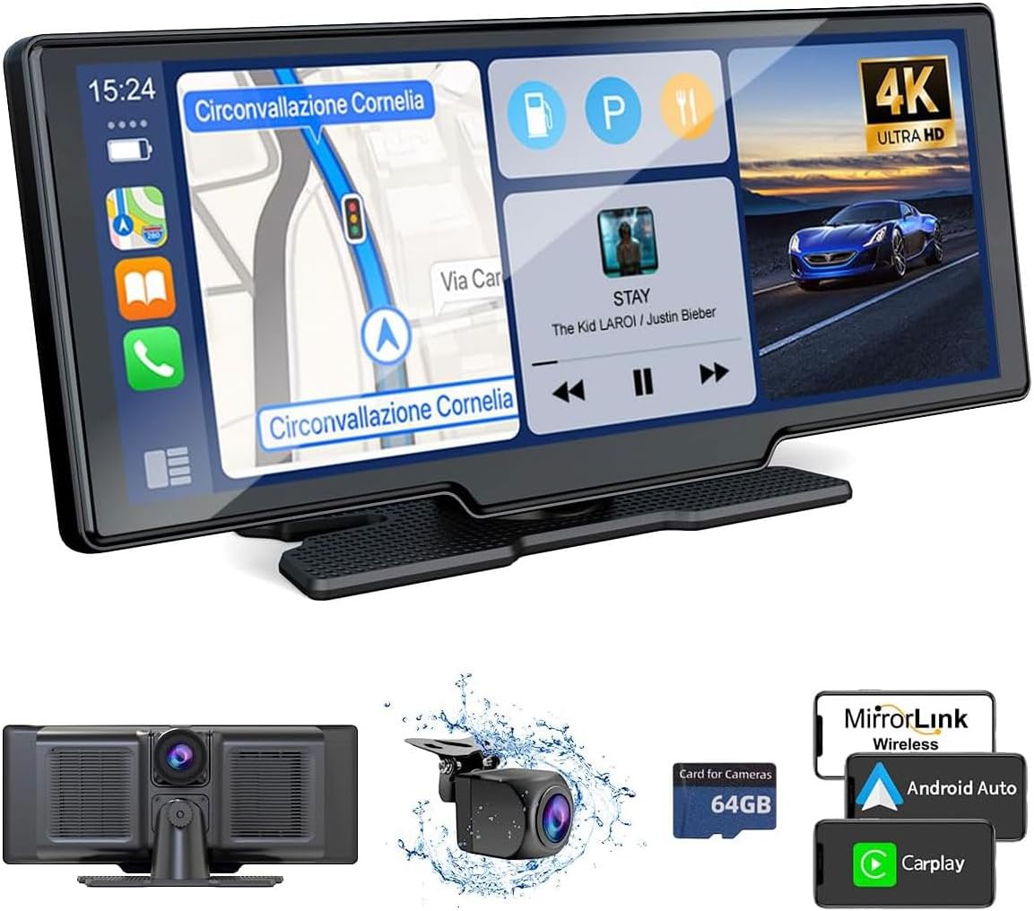 Wireless Car Play Screen with 4K Dashcam, 9.26 Inch Compatible with Apple Carplay/Android Auto, Carplay Screen for Car with 1080P Backup Camera,GPS Navigation/Mirror Link/Voice Control/Bluetooth