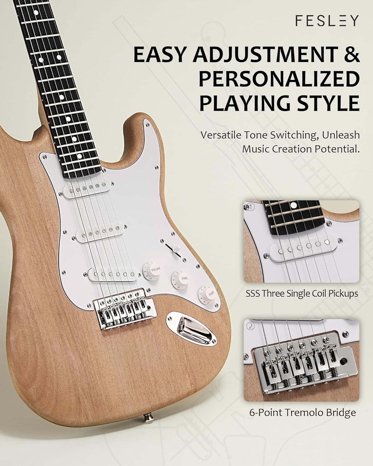 Fesley DIY Electric Guitar Kit Natural + 10 W Mini Guitar Amp