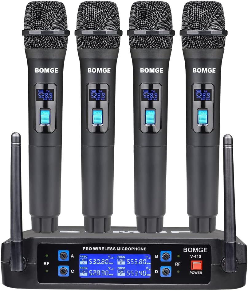 BOMGE Wireless Microphone System, Pro 4-Channel Cordless Mic Set with Four Handheld Mics, Fixed Frequency, Long Range 200ft, Ideal for Church,Karaoke, Events (V410)