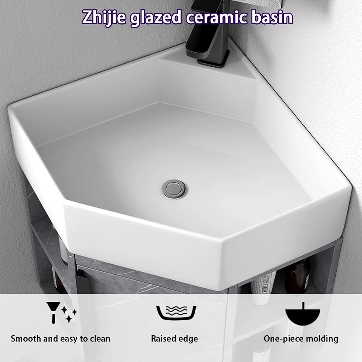 Corner Bathroom Sink, Corner Wall Mount Bathroom Vanity, Corner Sink with Faucet and Drain, Wall Hung Floating Porcelain Ceramic Wash Basin, for Kitchen Home(Gray,40cm/15.7in)