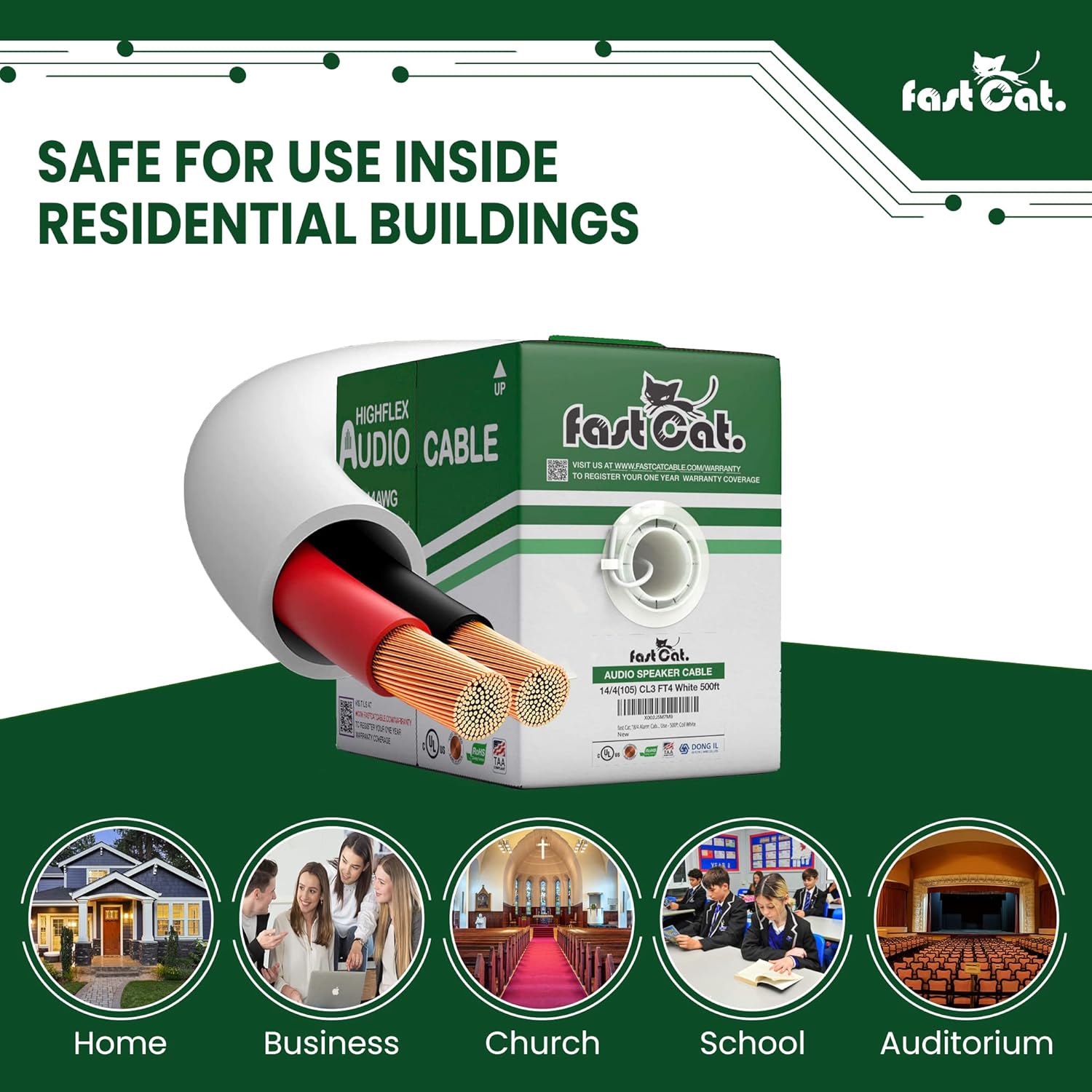 fast Cat. Speaker Wire 14 Guage 2C, UL Listed & CMR/CL3R-FT4 Rated - Speaker Cable w/PVC Jacket, 100% Oxygen-Free Pure Bare Copper - (105) HighFlex 14 Guage Wire - in-Wall Use-500ft Bulk Cable, Blue