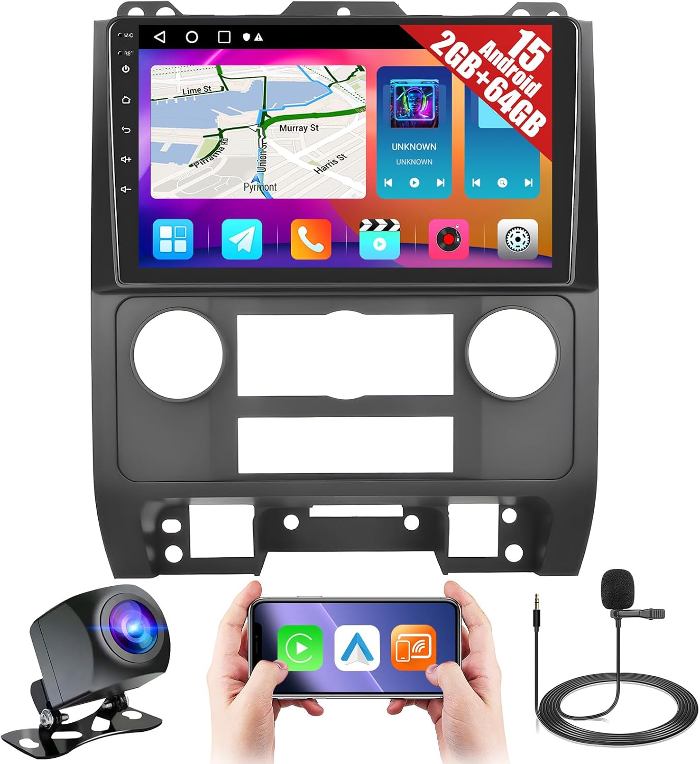 Android 15 Car Stereo for Ford Escape/Ford Kuga/Mazda Tribute 2007-2012 with Wireless CarPlay Android Auto, Realdio 9 Inch Touch Screen Radio with Bluetooth 2GB+64GB EQ 26UI FM RDS Backup Camera