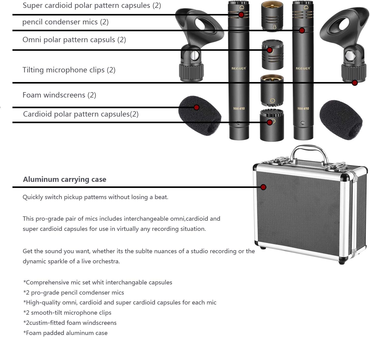 Neewer 2-Pack Pencil Stick Condenser Mic with Interchangeable Omni Cardioid and Super Cardioid Capsules Foam Windscreens Mic Clip and Carrying Case for Acoustic Woodwind Instruments