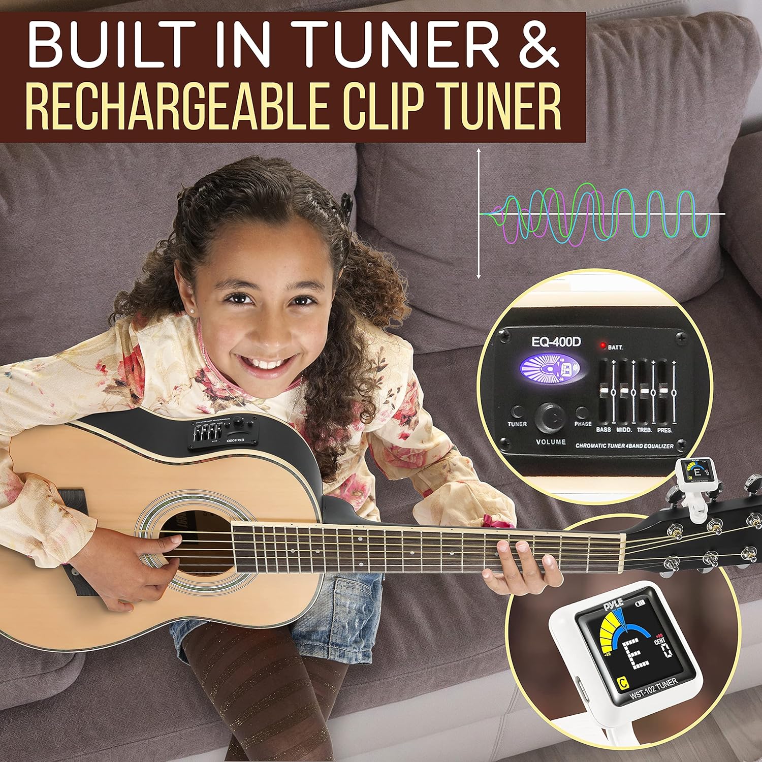 Pyle Acoustic Electric Guitar Kit, 1/4 Scale Spruce Wood Steel String Instrument w/ Gig Bag, 30”