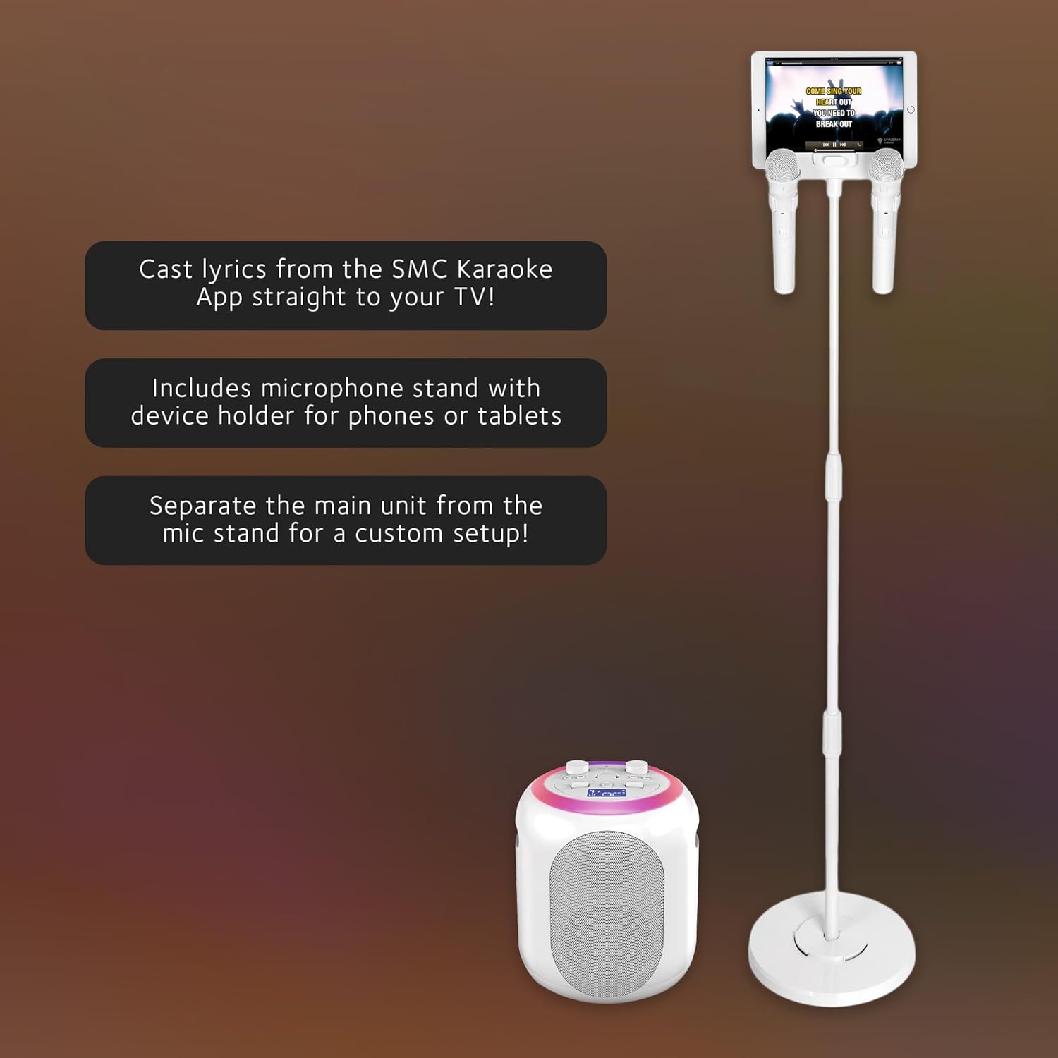 Singing Machine SMC2040S Ultimate Karaoke System, 50 watts System, Sing Cast Video Streaming and Pitch Lab Technology with Rechargeable Battery and Two Wireless Mics, White