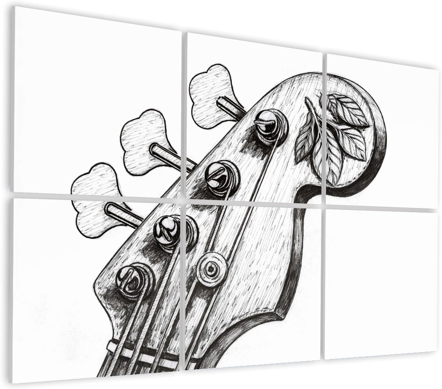 6 Pack Art Acoustic Panels Self Adhesive Hand Drawn Detailed Bass Guitar Headstock Leaves Design Decorative Soundproof Wall Panels Sound Absorbing Panel 48