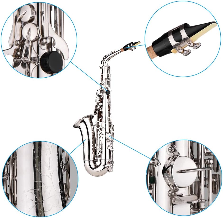 E Flat Alto Saxophone, Brass, Silver, Includes Mouthpiece, Cleaning Cloth, Brush, Gloves, Straps