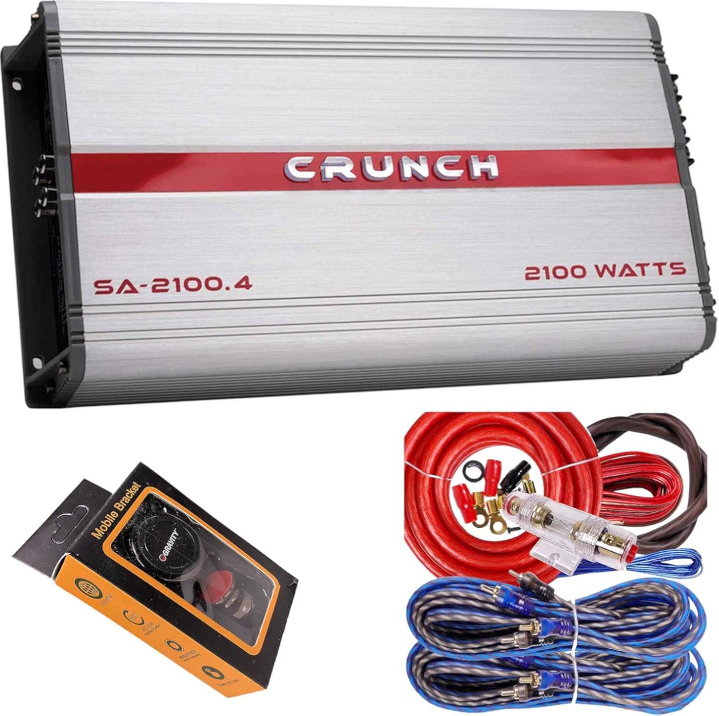 Crunch SA-2100.4 Smash Series 2,100-Watt 4-Channel Class AB Amp Car Audio Sound System Subwoofer Speaker Amp Amplifier with Gravity Magnet Phone Holder and 4 Gauge Kit Red Bundle