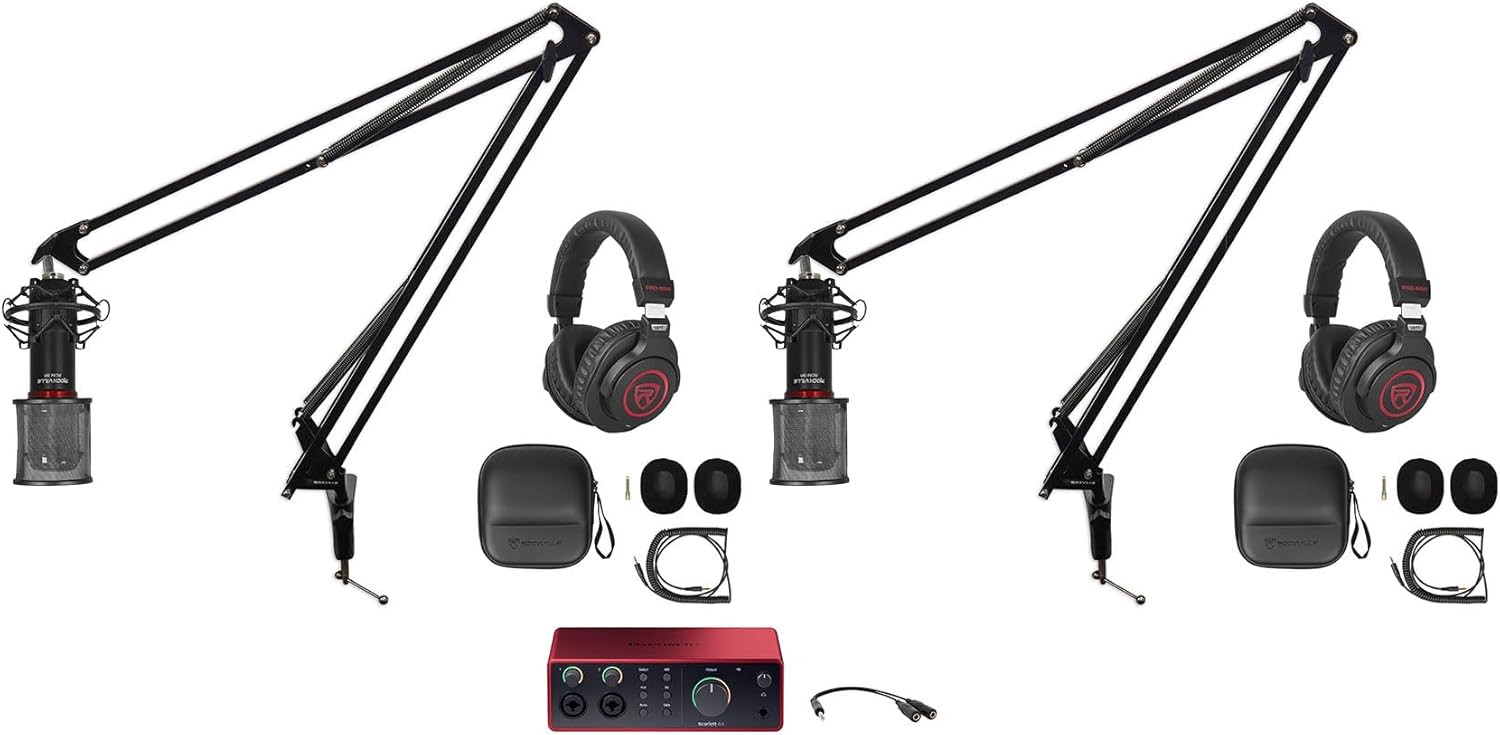 Audiosavings Bundle: Focusrite Scarlett 4i4 4th Gen Studio Recording USB Audio Interface Bundle with (2) RCM SR Microphone+RC1DTRS Cable+(2) PRO-M50 SR Headphones+(2) DMS40 40