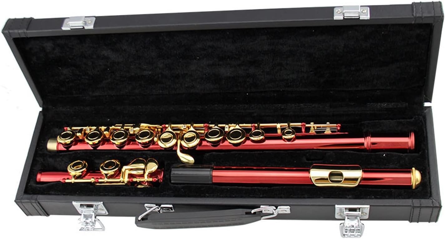 TSTS Flutes Musical Instrument 16 Closed Hole Red Color Body Gold Plated Key with Offset G Key Orchestras Bands Flute