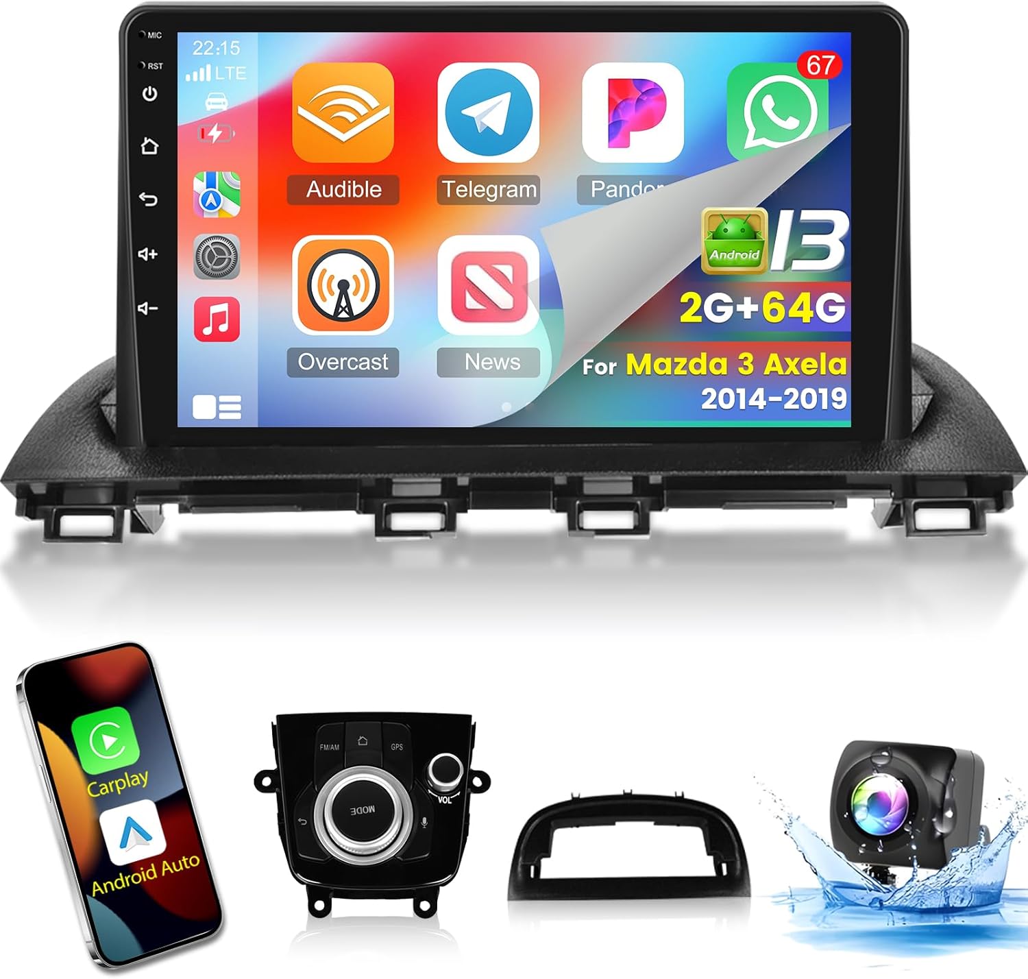 [2+64G] for Mazda 3 Axela 2014-2019 Android Car Radio with Wireless Carplay and Android Auto - 9 Inch Touch Screen Car Stereo - DSP/Multiple UI/WiFi/GPS/SWC + AHD Backup Camera