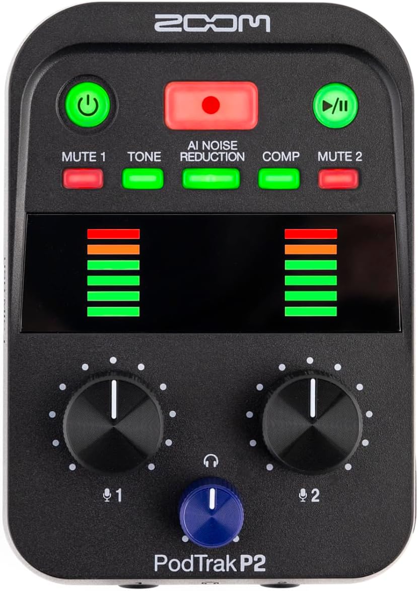 PodTrak P2 Podcast Recorder with 2 USB Mic Inputs, 2 Headphone Outputs, AI Noise Reduction, Tone & COMP Effects, Remote Guest Recording, SD Cards up to 1TB, Battery Powered, & USB-C Powered